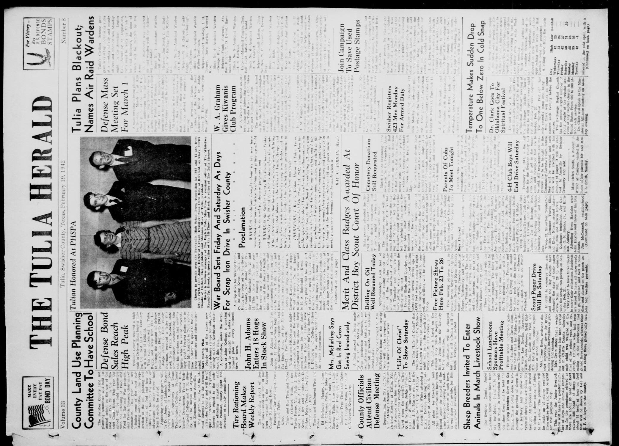 The Tulia Herald (Tulia, Tex), Vol. 33, No. 8, Ed. 1, Thursday, February 19, 1942
                                                
                                                    1
                                                