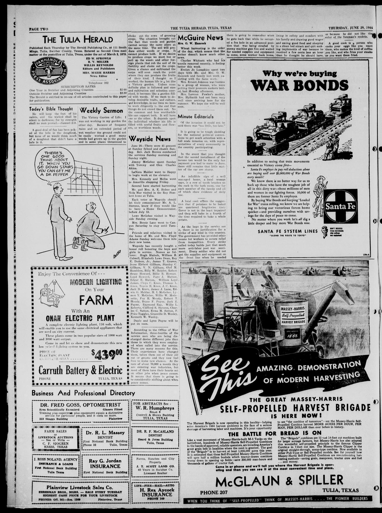 The Tulia Herald (Tulia, Tex), Vol. 35, No. 26, Ed. 1, Thursday, June 29, 1944
                                                
                                                    2
                                                