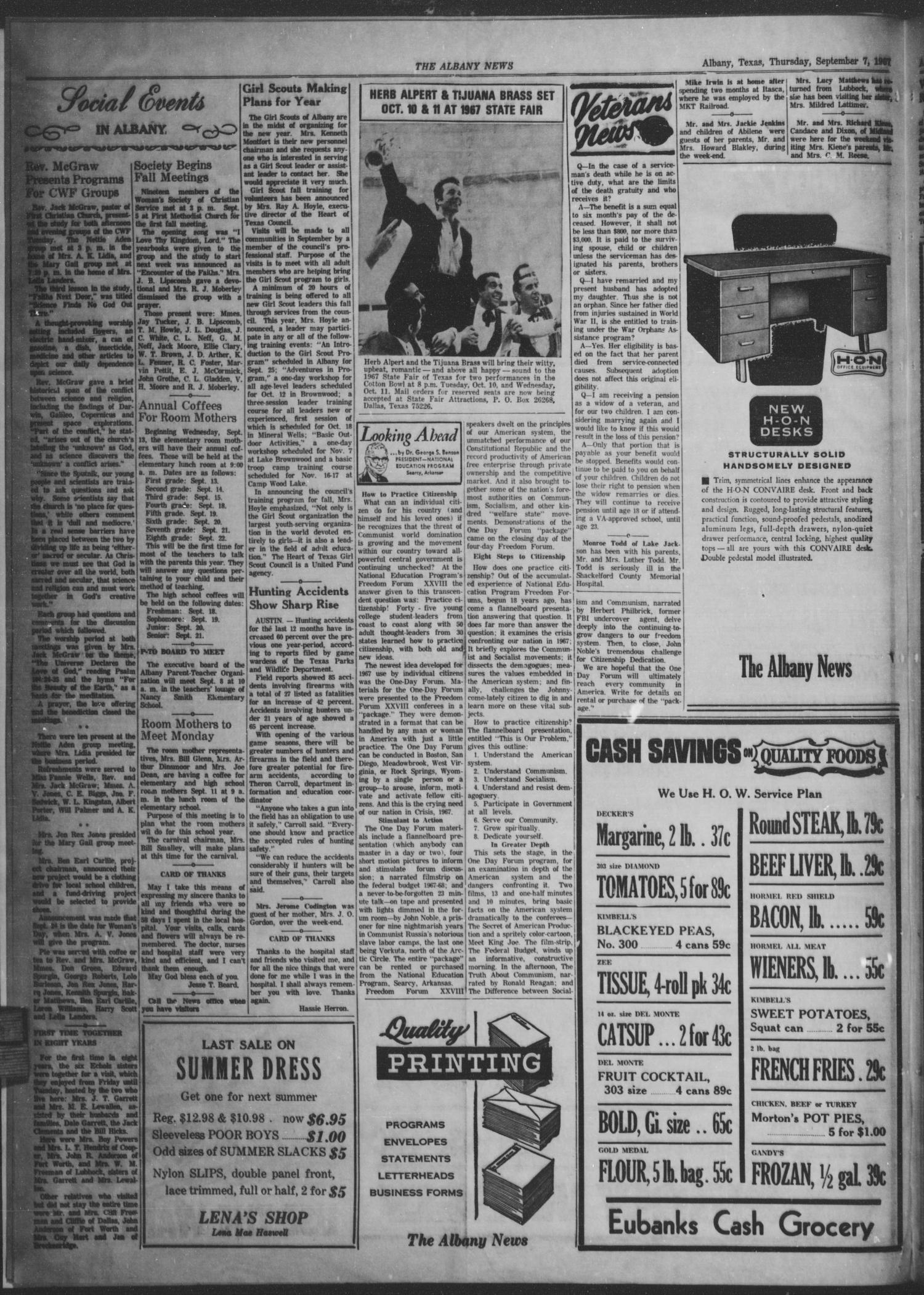 The Albany News (Albany, Tex.), Vol. 84, No. 2, Ed. 1 Thursday, September 7, 1967
                                                
                                                    [Sequence #]: 4 of 8
                                                