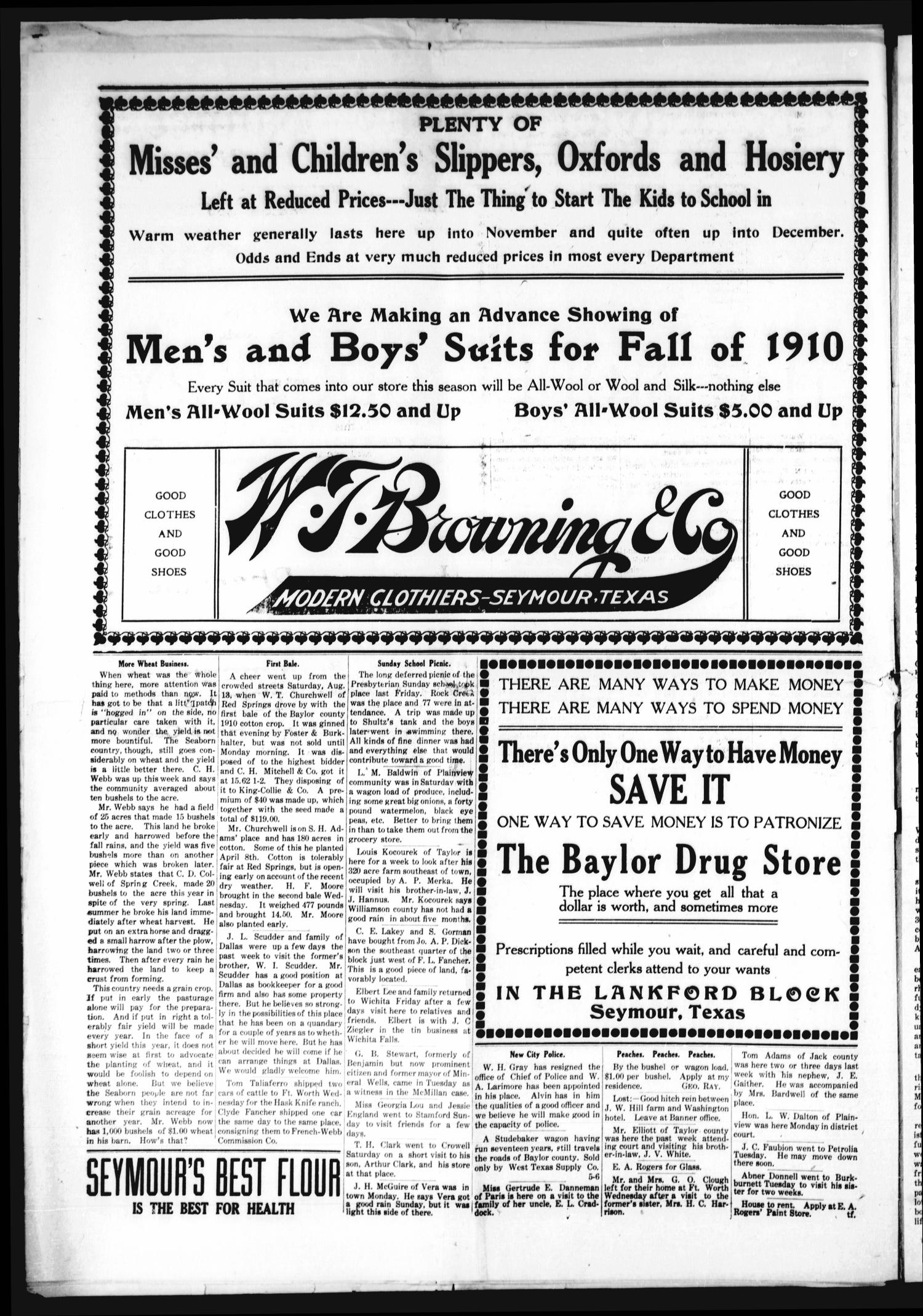 The Baylor County Banner. (Seymour, Tex.), Vol. 15, No. 46, Ed. 1 Friday, August 19, 1910
                                                
                                                    [Sequence #]: 2 of 10
                                                