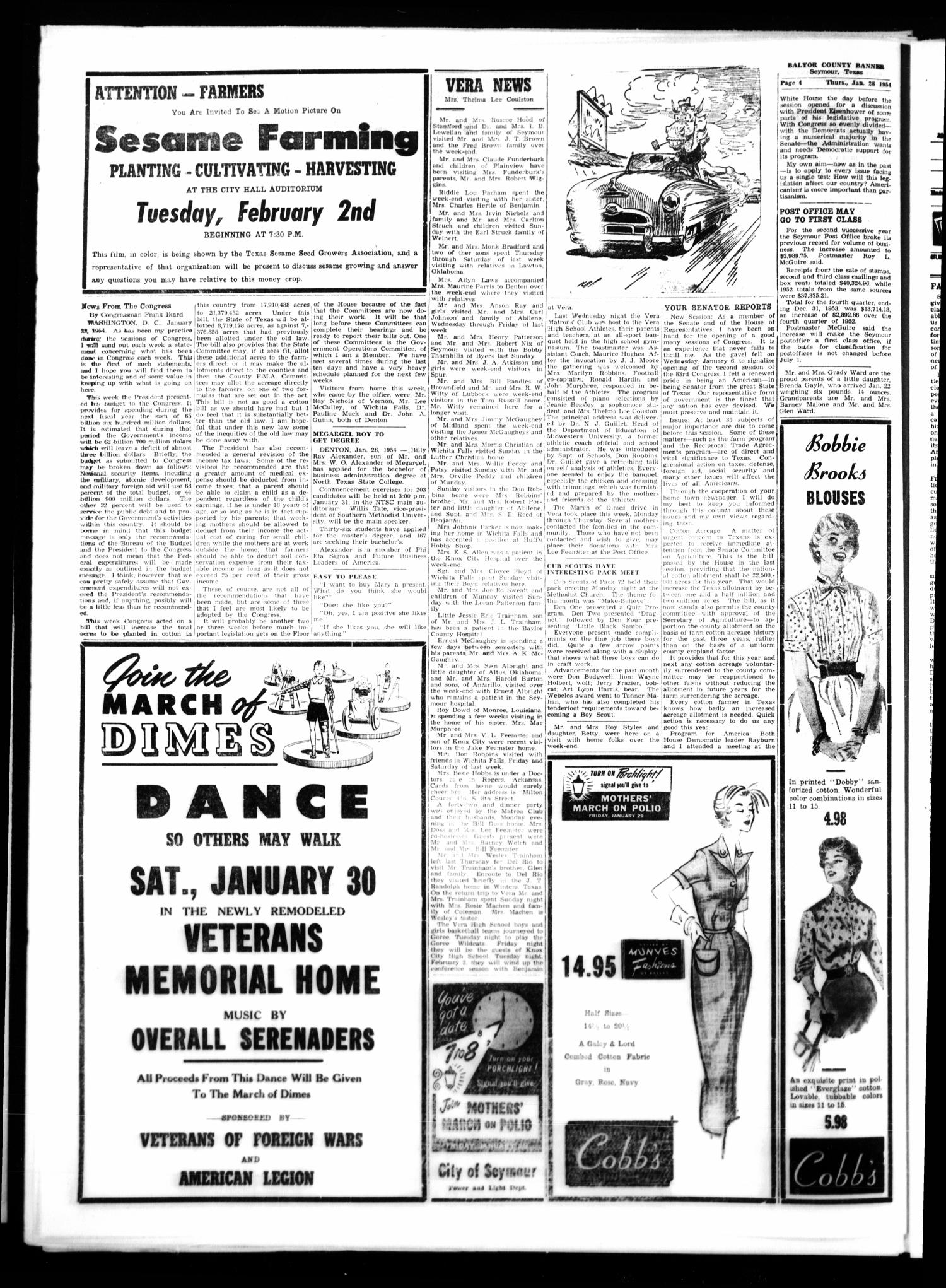 The Baylor County Banner (Seymour, Tex.), Vol. 58, No. 23, Ed. 1 Thursday, January 28, 1954
                                                
                                                    [Sequence #]: 4 of 12
                                                