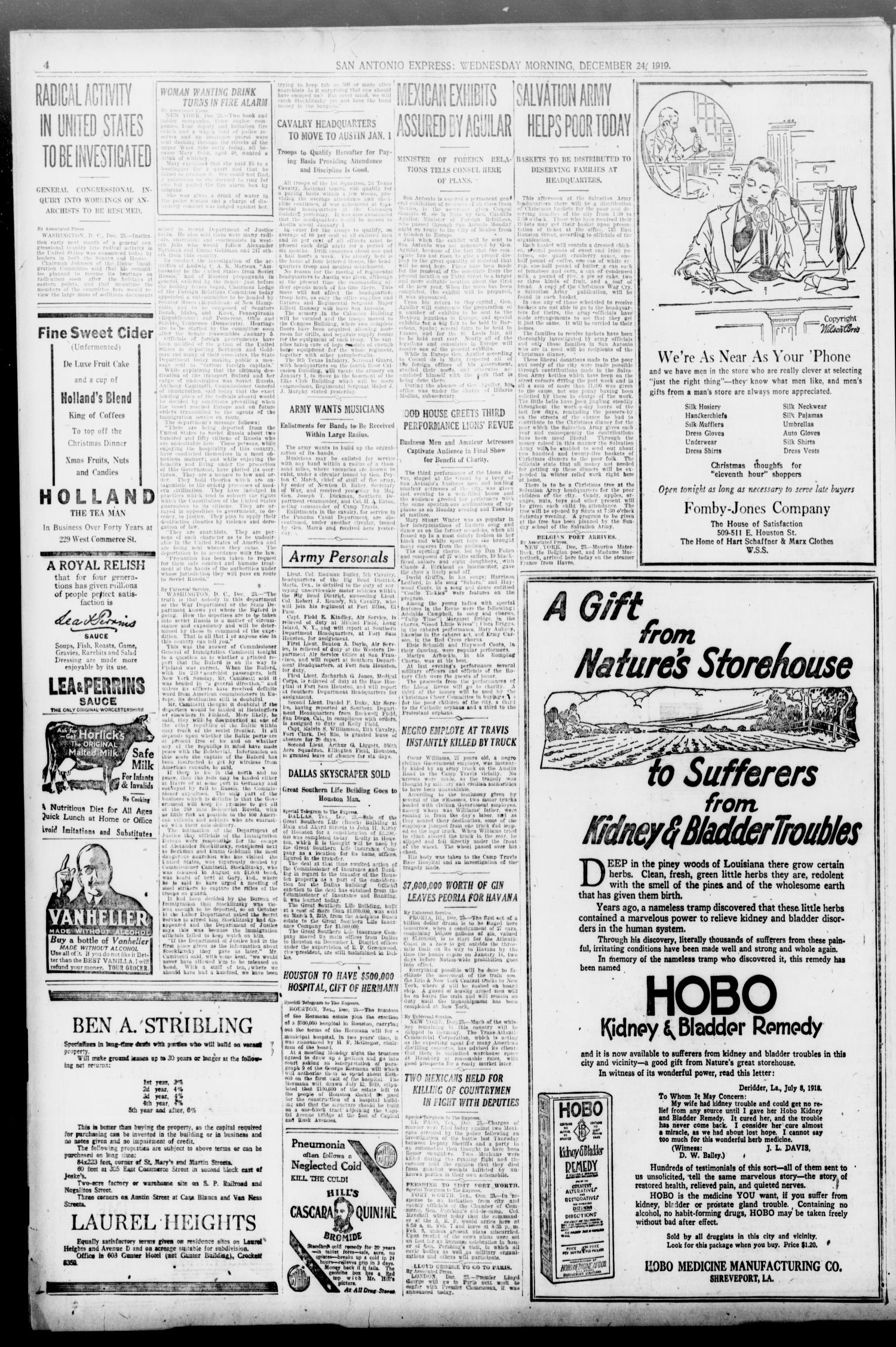 San Antonio Express. (San Antonio, Tex.), Vol. 54, No. 353, Ed. 1 Wednesday, December 24, 1919
                                                
                                                    [Sequence #]: 4 of 18
                                                