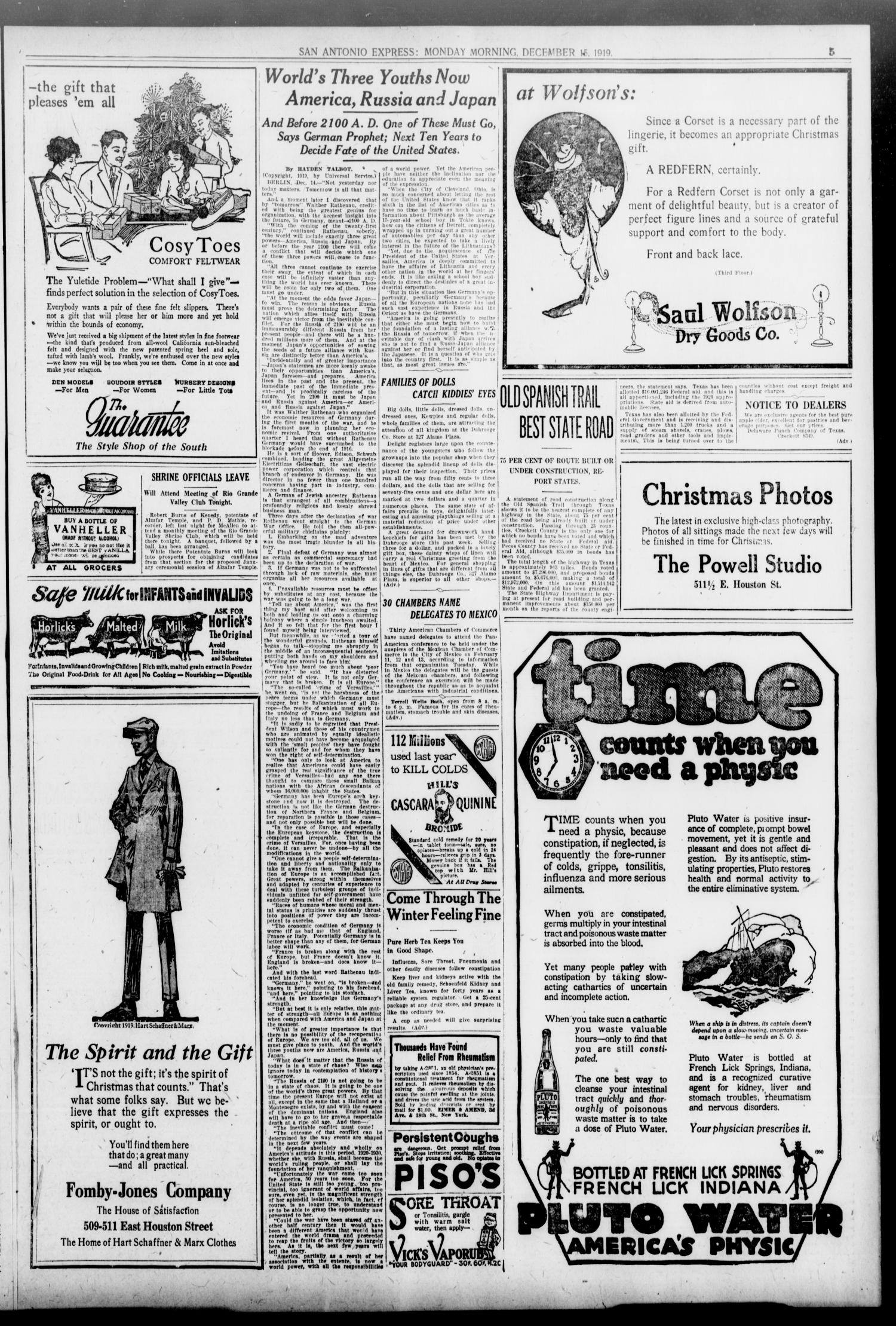 San Antonio Express. (San Antonio, Tex.), Vol. 54, No. 345, Ed. 1 Monday, December 15, 1919
                                                
                                                    [Sequence #]: 5 of 14
                                                