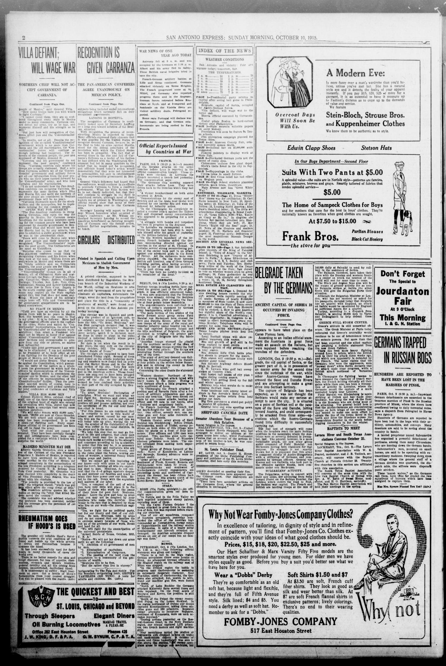 San Antonio Express. (San Antonio, Tex.), Vol. 50, No. 283, Ed. 1 Sunday, October 10, 1915
                                                
                                                    [Sequence #]: 2 of 70
                                                