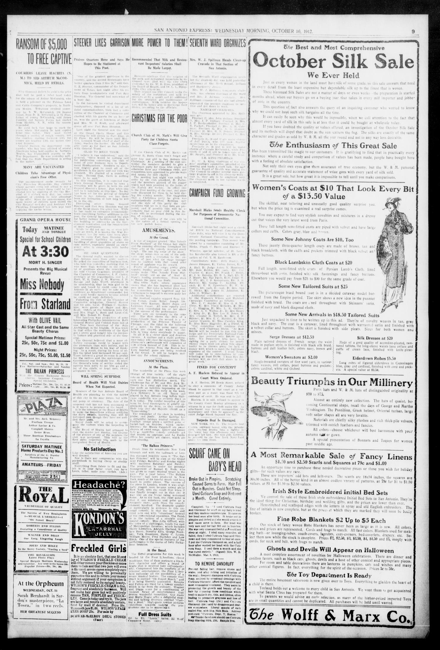 San Antonio Express. (San Antonio, Tex.), Vol. 47, No. 290, Ed. 1 Wednesday, October 16, 1912
                                                
                                                    [Sequence #]: 9 of 16
                                                