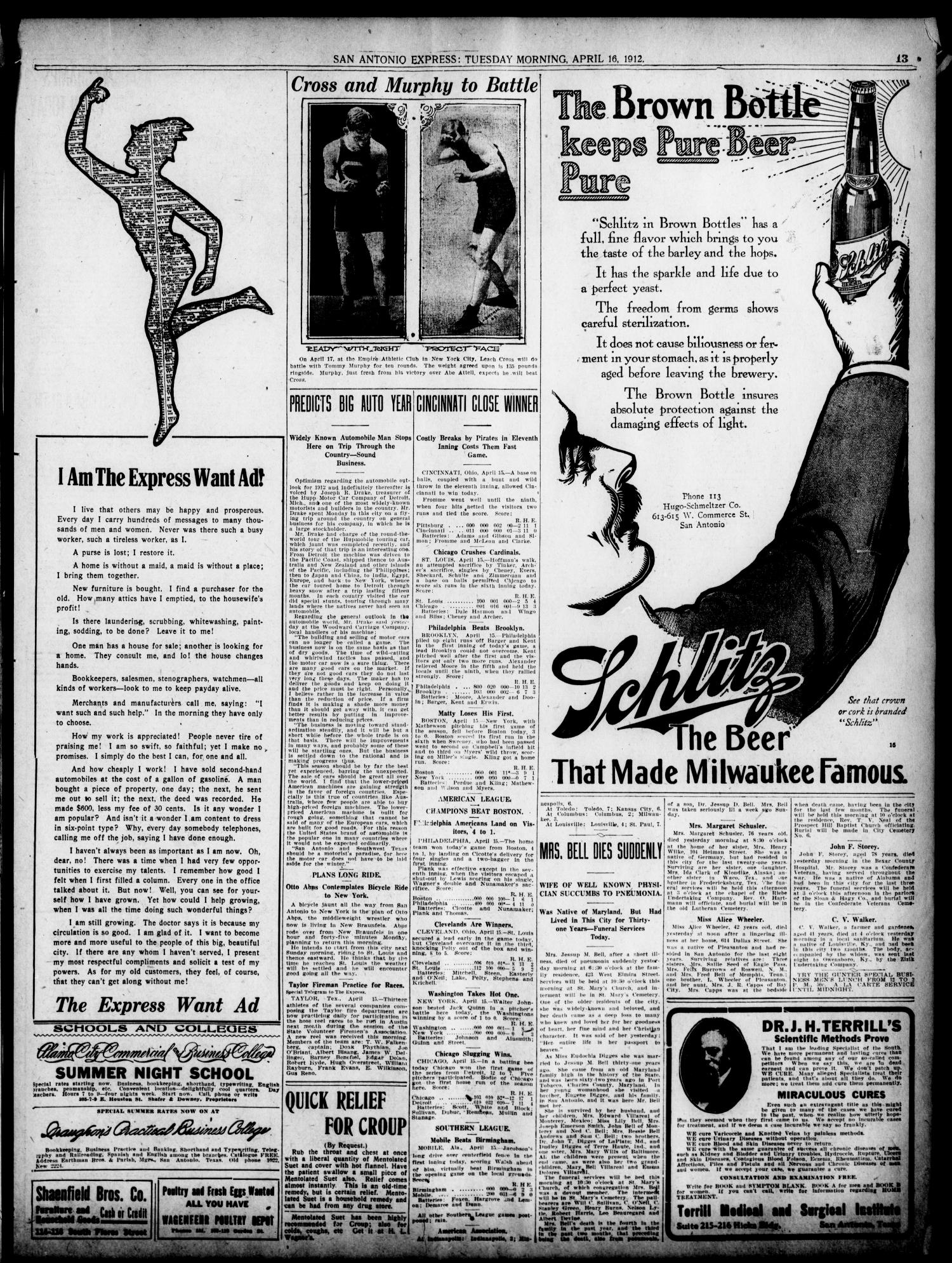 San Antonio Express. (San Antonio, Tex.), Vol. 47, No. 107, Ed. 1 Tuesday, April 16, 1912
                                                
                                                    [Sequence #]: 13 of 18
                                                