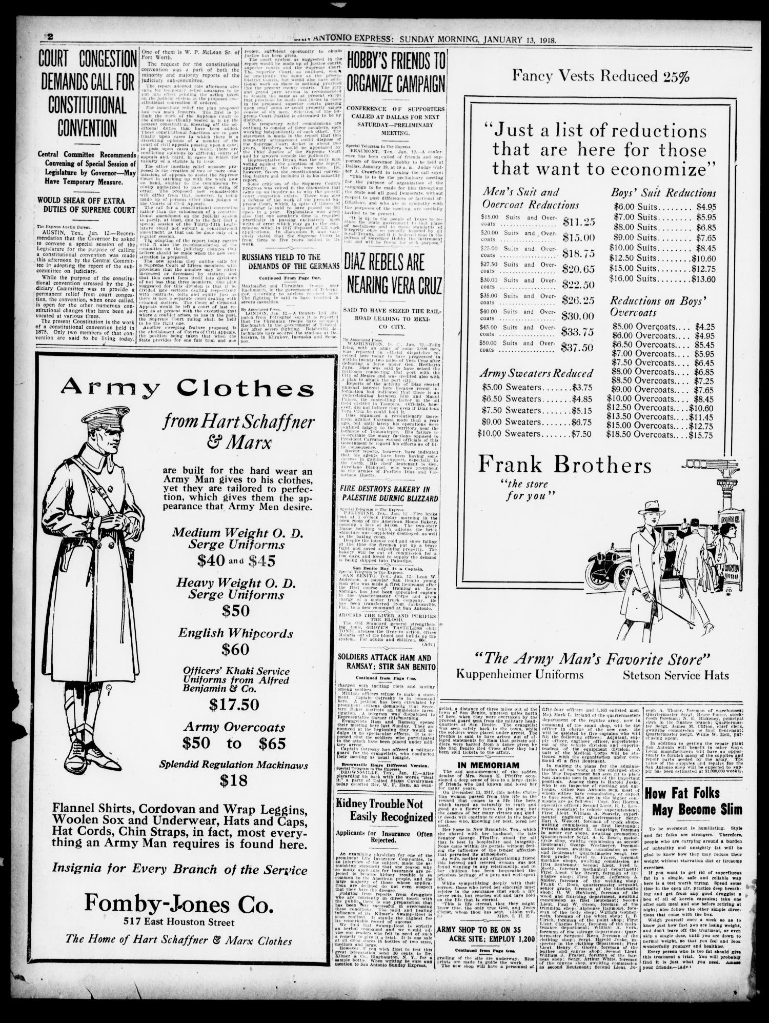 San Antonio Express. (San Antonio, Tex.), Vol. 53, No. 13, Ed. 1 Sunday, January 13, 1918
                                                
                                                    [Sequence #]: 2 of 62
                                                