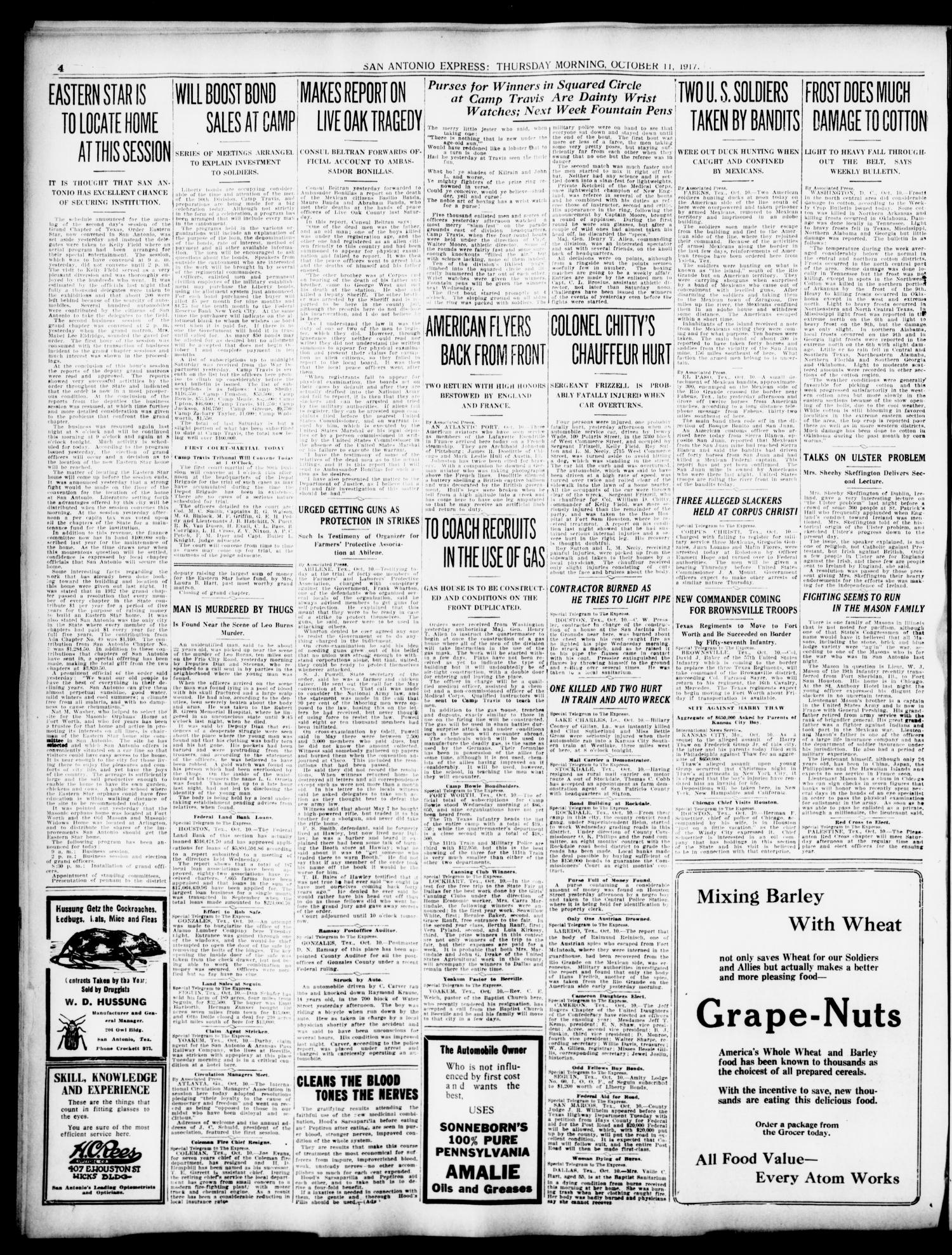 San Antonio Express. (San Antonio, Tex.), Vol. 52, No. 284, Ed. 1 Thursday, October 11, 1917
                                                
                                                    [Sequence #]: 4 of 18
                                                