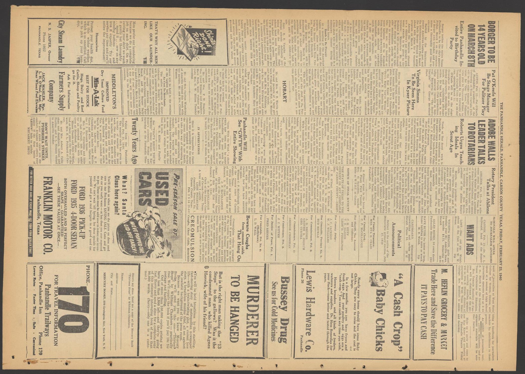 The Panhandle Herald (Panhandle, Tex.), Vol. 53, No. 31, Ed. 1 Friday, February 23, 1940
                                                
                                                    [Sequence #]: 4 of 4
                                                