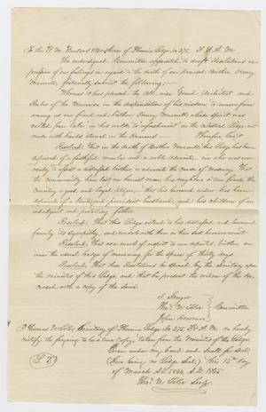Primary view of object titled '[Letter from Phoenix Lodge Number 275 to Mrs. Henry Maxwell, March 15, 1865]'.
