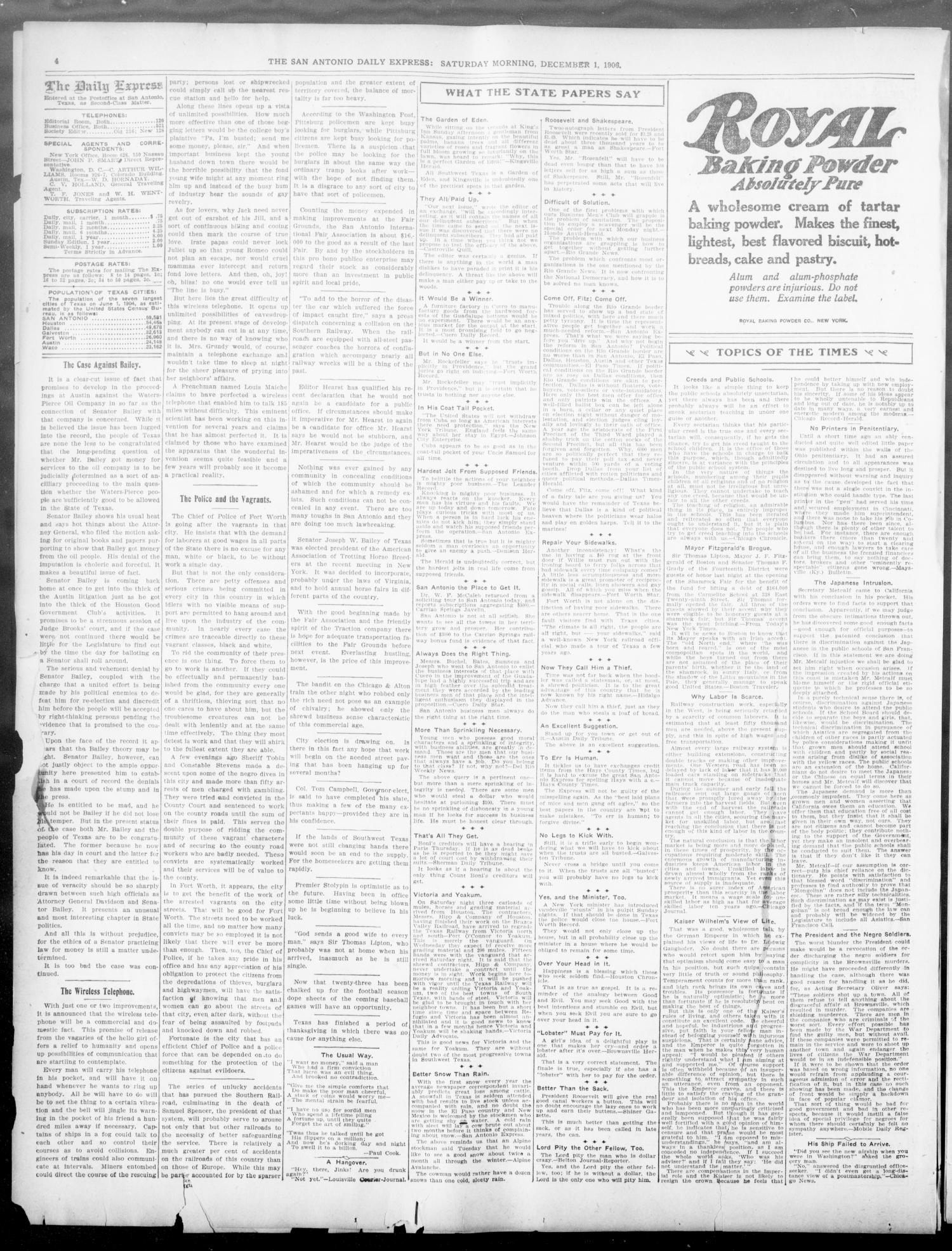 The Daily Express. (San Antonio, Tex.), Vol. 41, No. 335, Ed. 1 Saturday, December 1, 1906
                                                
                                                    [Sequence #]: 4 of 14
                                                