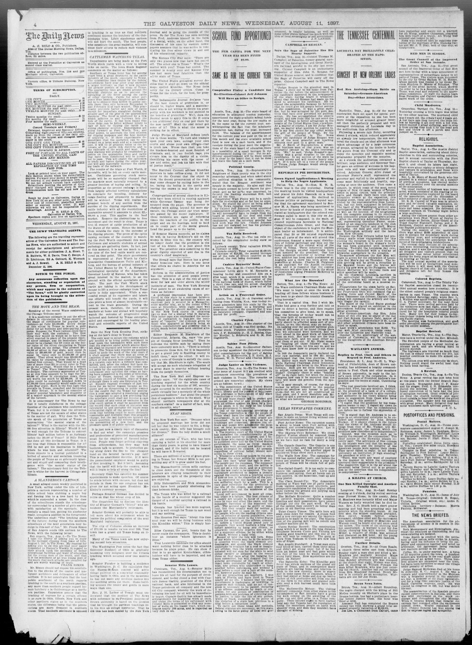The Galveston Daily News. (Galveston, Tex.), Vol. 56, No. 140, Ed. 1 Wednesday, August 11, 1897
                                                
                                                    [Sequence #]: 4 of 8
                                                