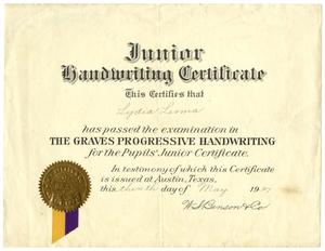Primary view of object titled '[Junior Handwriting Certificate, 1937]'.