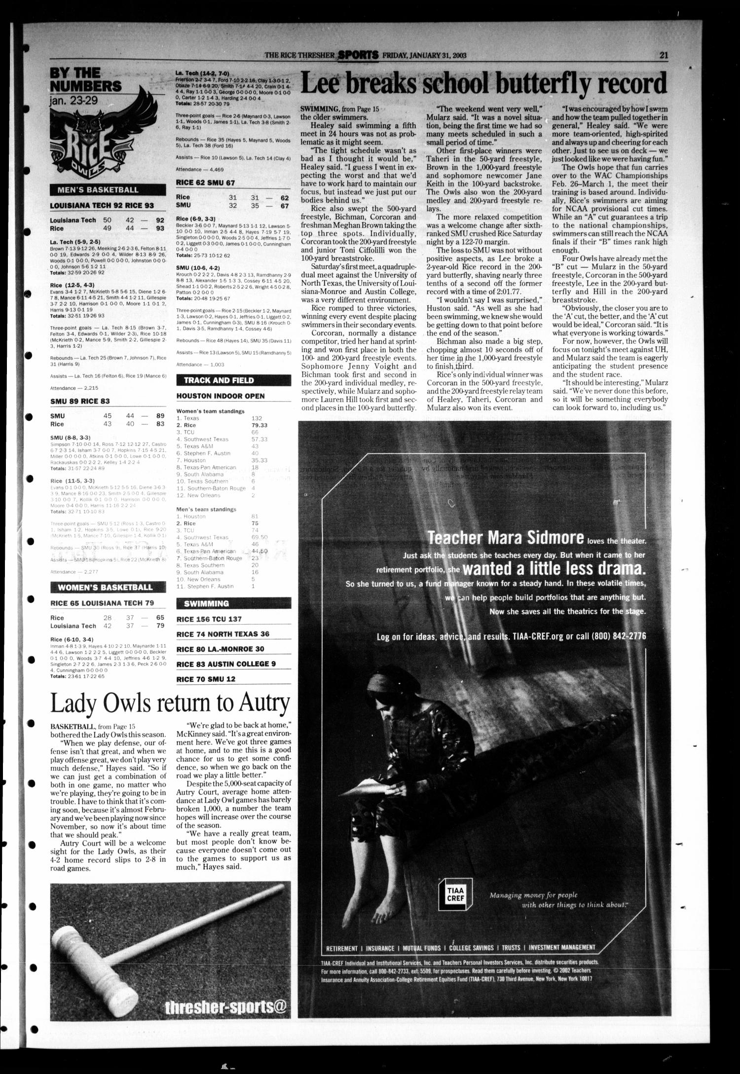 The Rice Thresher, Vol. 90, No. 17, Ed. 1 Friday, January 31, 2003
                                                
                                                    [Sequence #]: 21 of 24
                                                