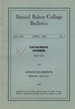 Primary view of object titled 'Catalog of Daniel Baker College, 1929-1930'.