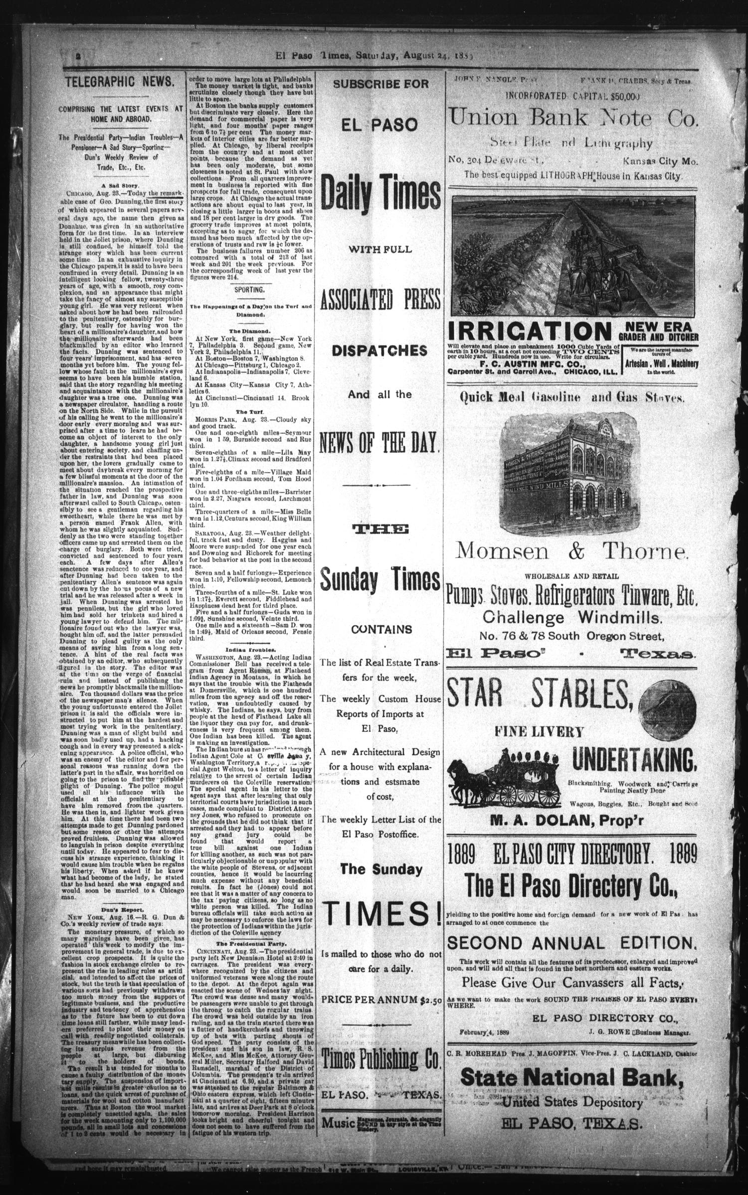 El Paso Times. (El Paso, Tex.), Vol. NINTH YEAR, No. 102, Ed. 1 Saturday, August 24, 1889
                                                
                                                    [Sequence #]: 2 of 8
                                                