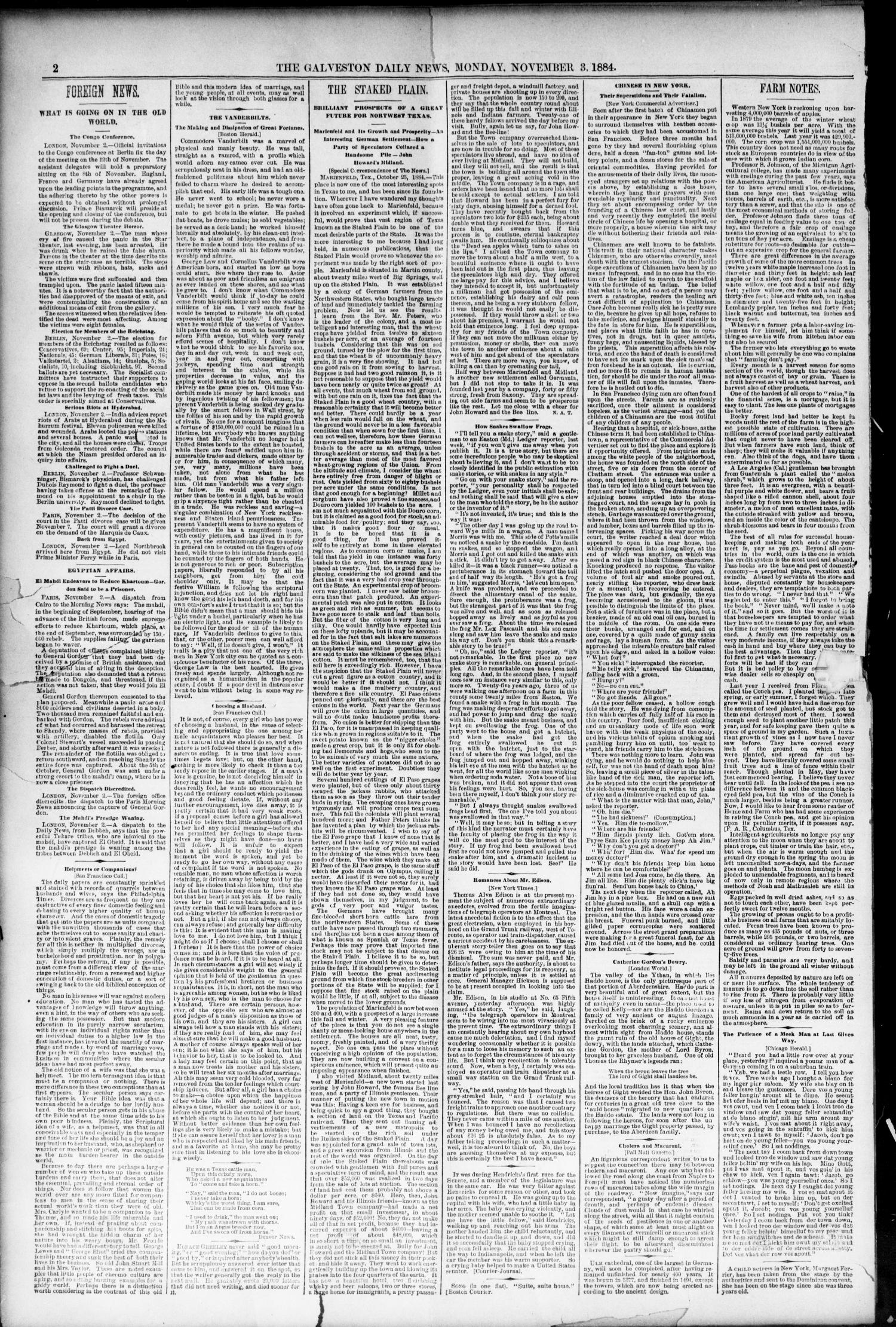 The Galveston Daily News. (Galveston, Tex.), Vol. 43, No. 194, Ed. 1 Monday, November 3, 1884
                                                
                                                    [Sequence #]: 2 of 8
                                                