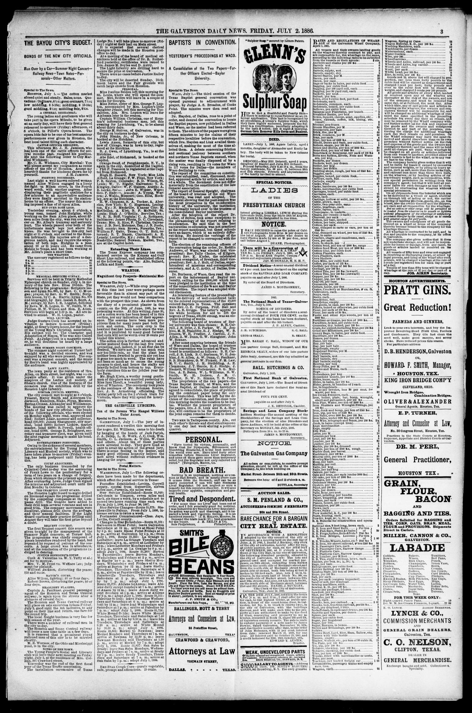 The Galveston Daily News. (Galveston, Tex.), Vol. 45, No. 68, Ed. 1 Friday, July 2, 1886
                                                
                                                    [Sequence #]: 3 of 8
                                                