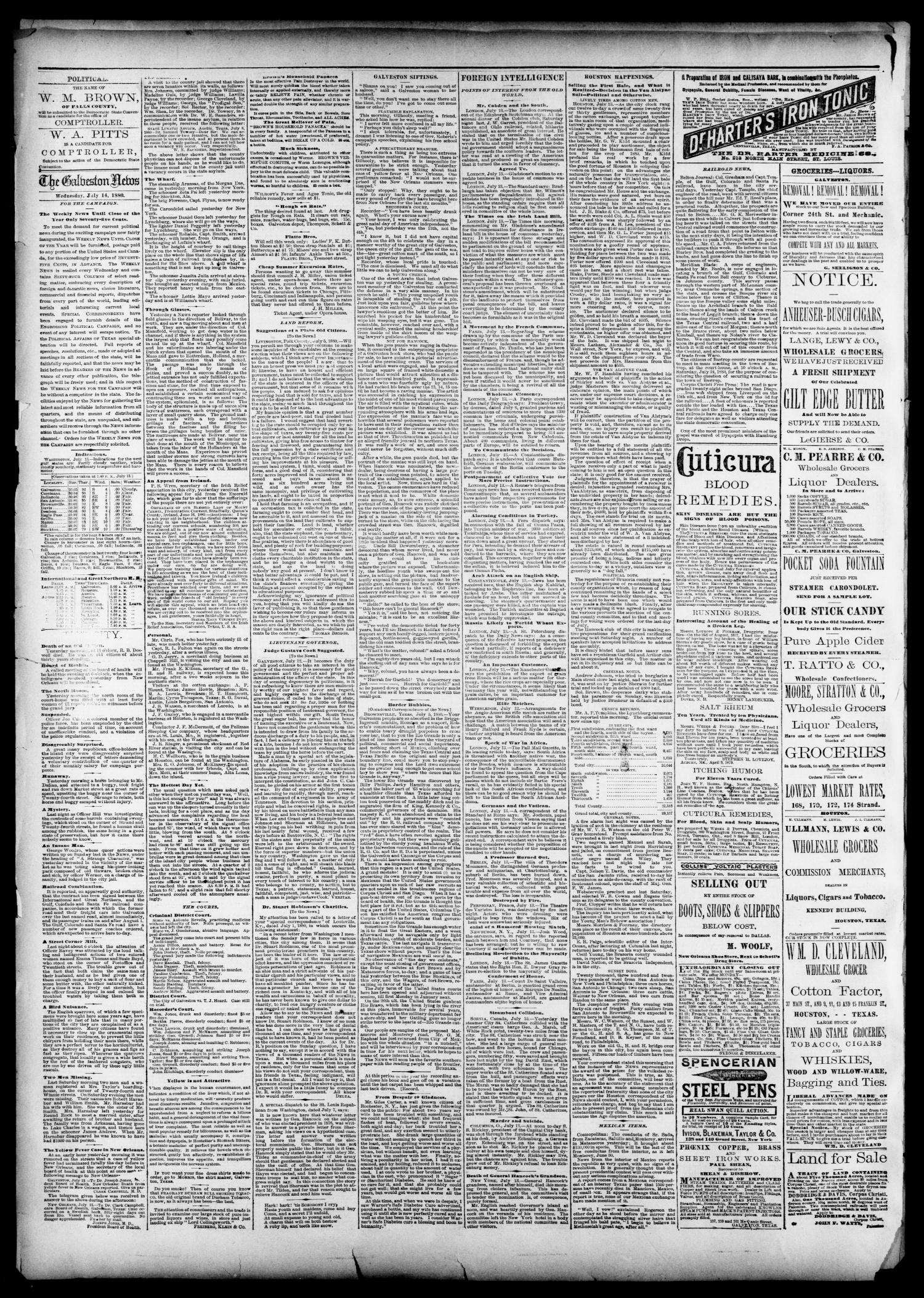 The Galveston Daily News. (Galveston, Tex.), Vol. 39, No. 97, Ed. 1 Wednesday, July 14, 1880
                                                
                                                    [Sequence #]: 4 of 4
                                                