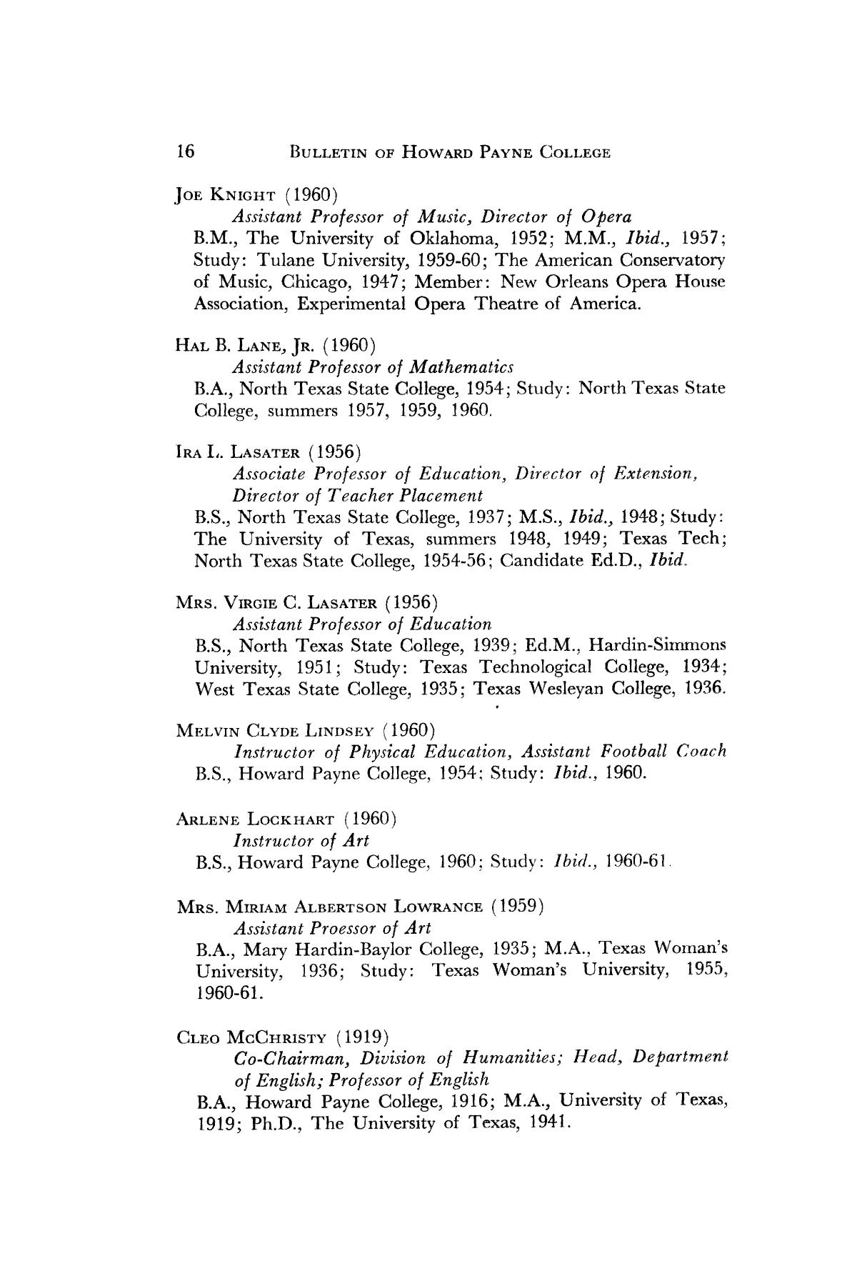 Catalog of Howard Payne College, 1960-1961
                                                
                                                    16
                                                