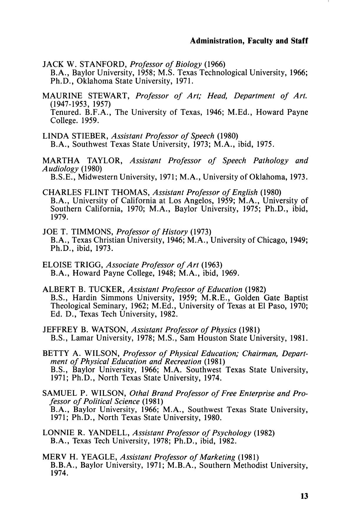 Catalog of Howard Payne University, 1983-1984
                                                
                                                    13
                                                