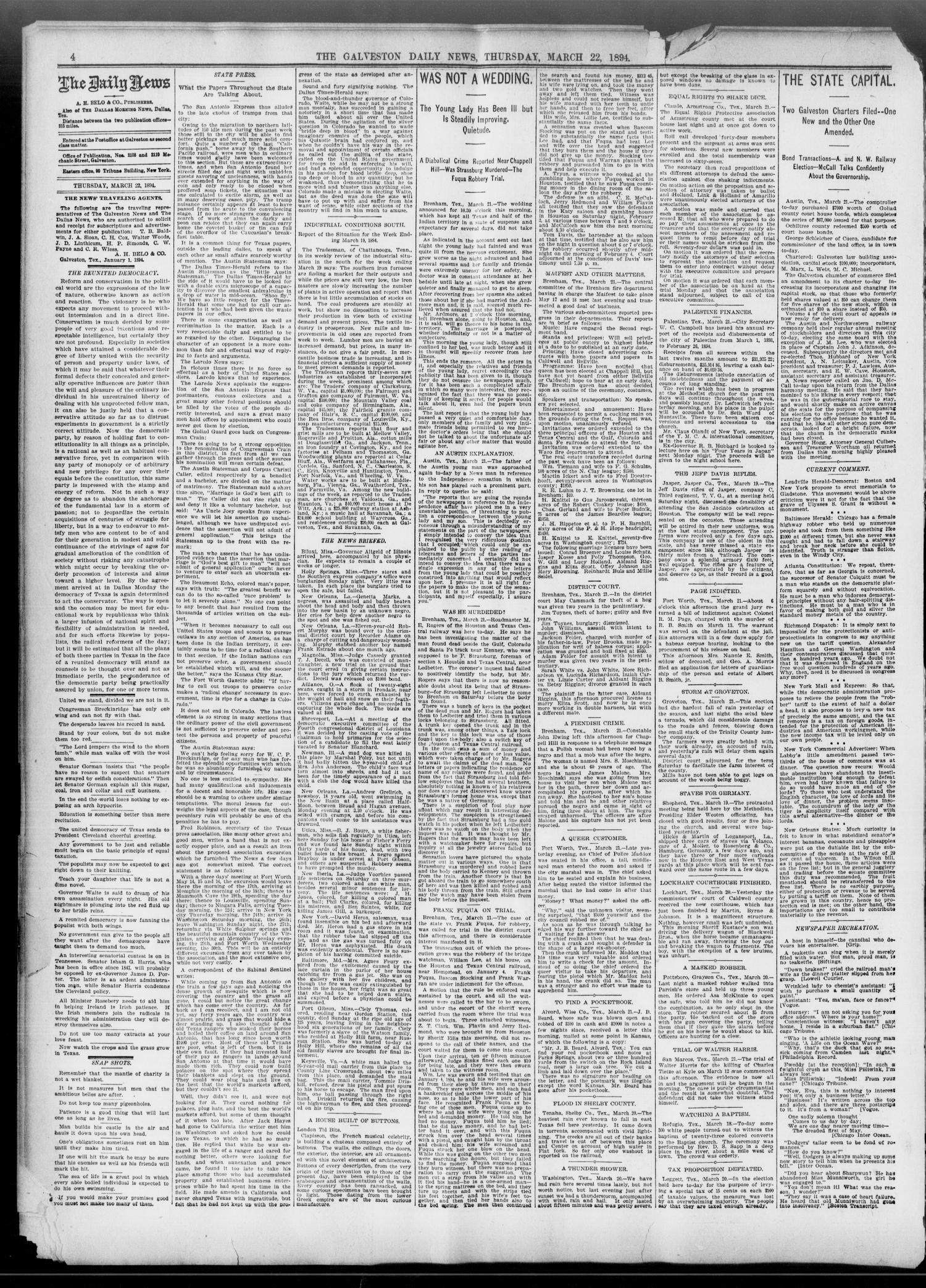 The Galveston Daily News. (Galveston, Tex.), Vol. 52, No. 364, Ed. 1 Thursday, March 22, 1894
                                                
                                                    [Sequence #]: 4 of 10
                                                