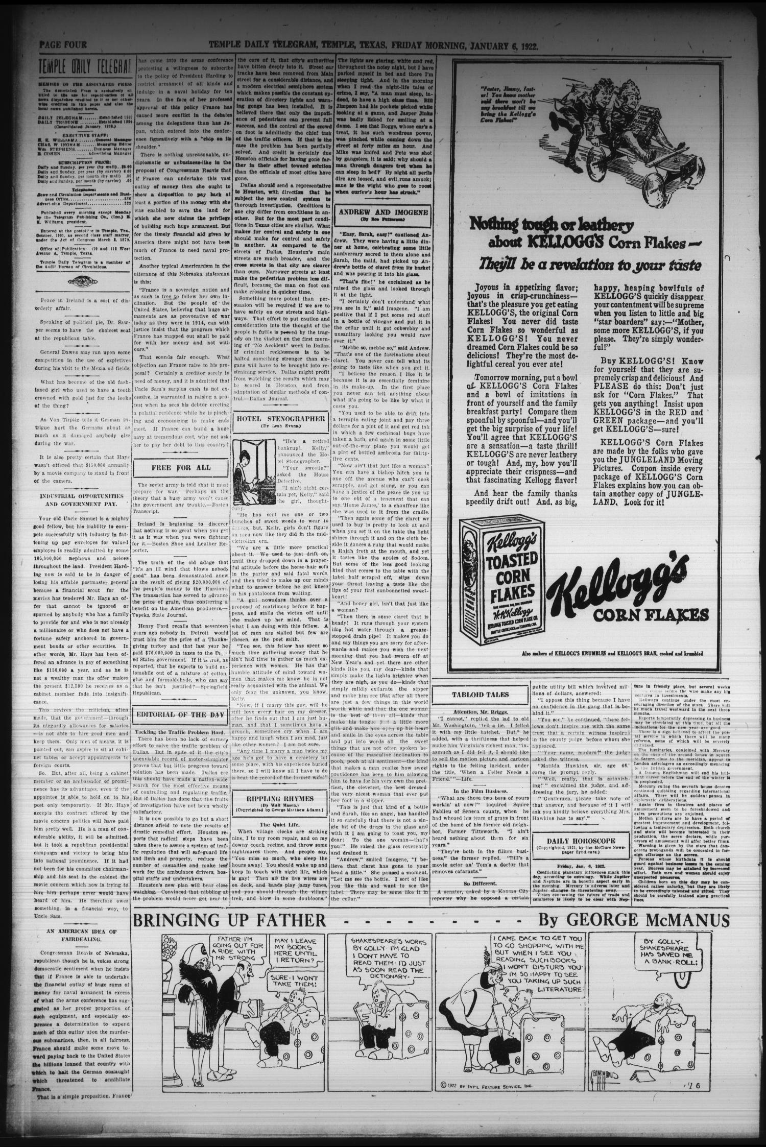 Temple Daily Telegram (Temple, Tex.), Vol. 15, No. 42, Ed. 1 Friday, January 6, 1922
                                                
                                                    [Sequence #]: 4 of 8
                                                