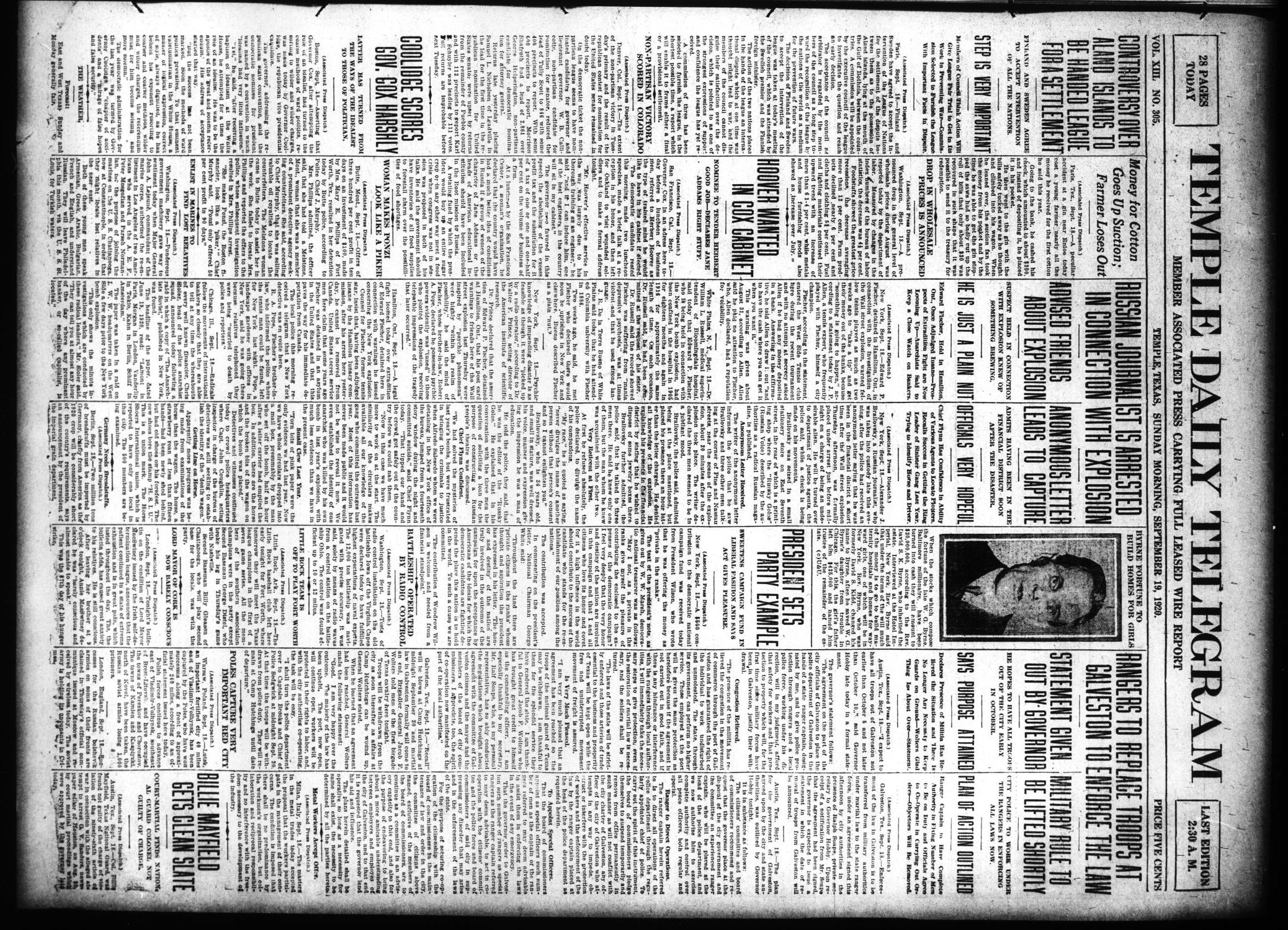 Temple Daily Telegram (Temple, Tex.), Vol. 13, No. 305, Ed. 1 Sunday, September 19, 1920
                                                
                                                    [Sequence #]: 1 of 28
                                                