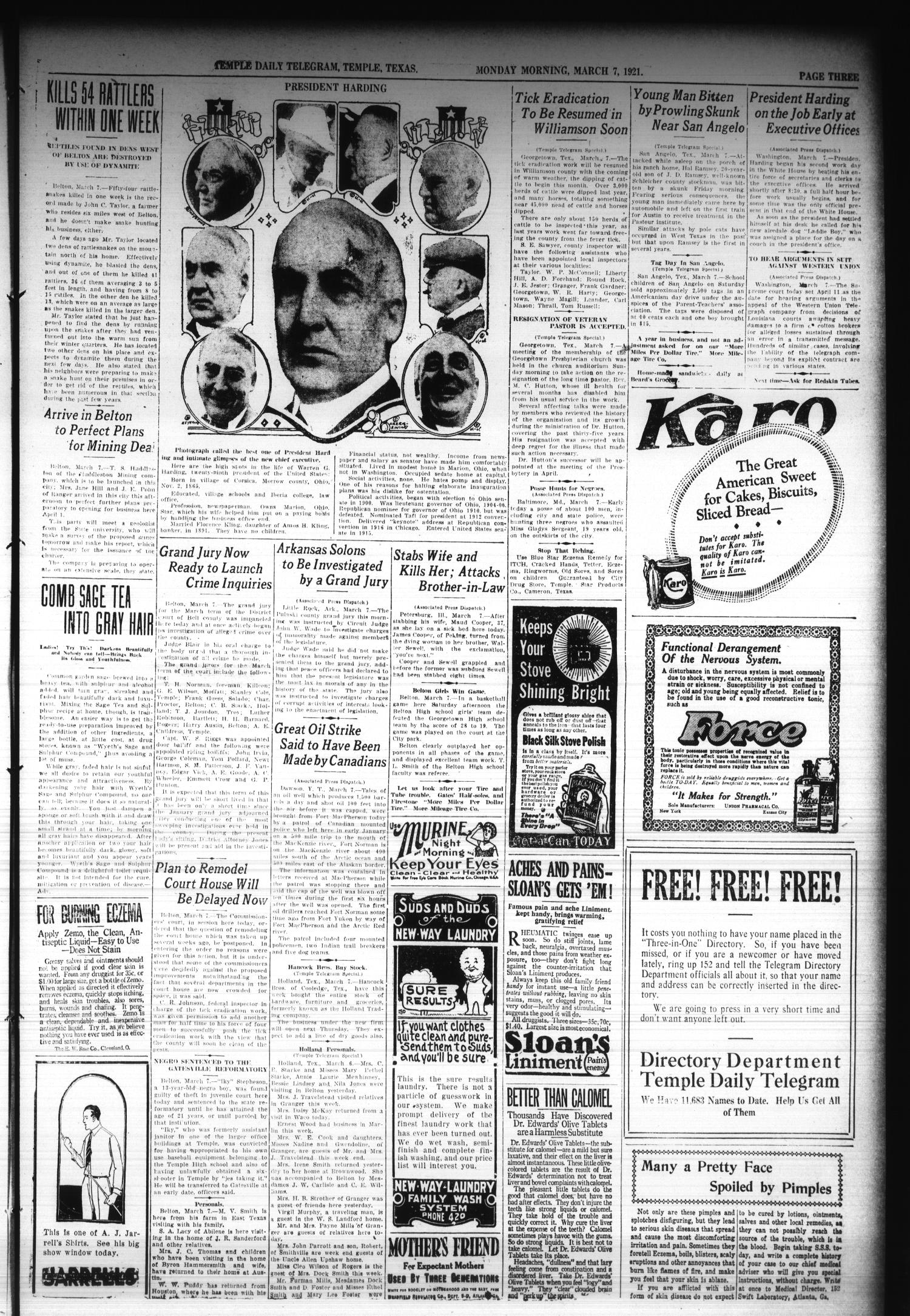 Temple Daily Telegram (Temple, Tex.), Vol. 14, No. 110, Ed. 1 Tuesday, March 8, 1921
                                                
                                                    [Sequence #]: 3 of 8
                                                