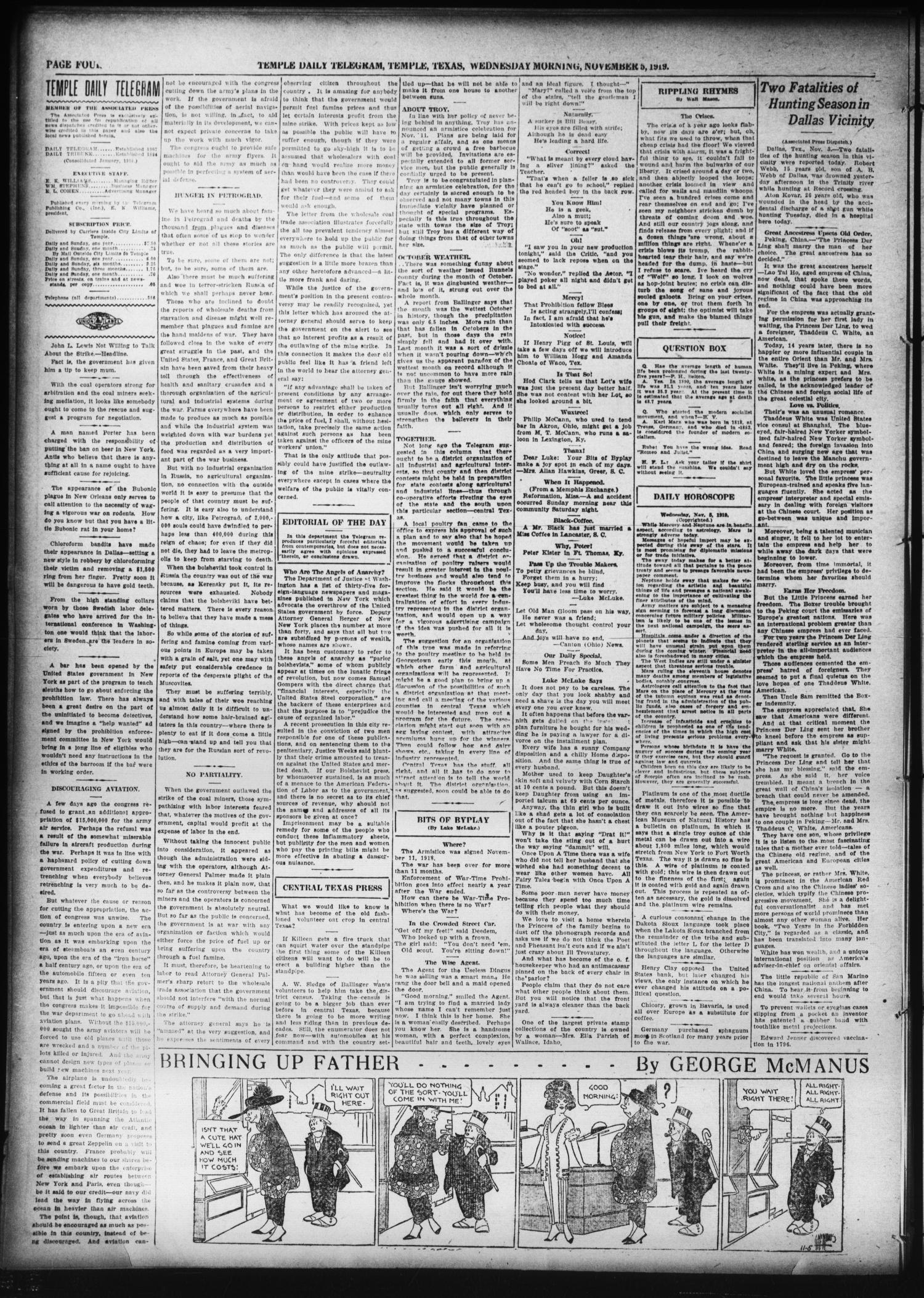 Temple Daily Telegram (Temple, Tex.), Vol. 12, No. 351, Ed. 1 Wednesday, November 5, 1919
                                                
                                                    [Sequence #]: 4 of 12
                                                