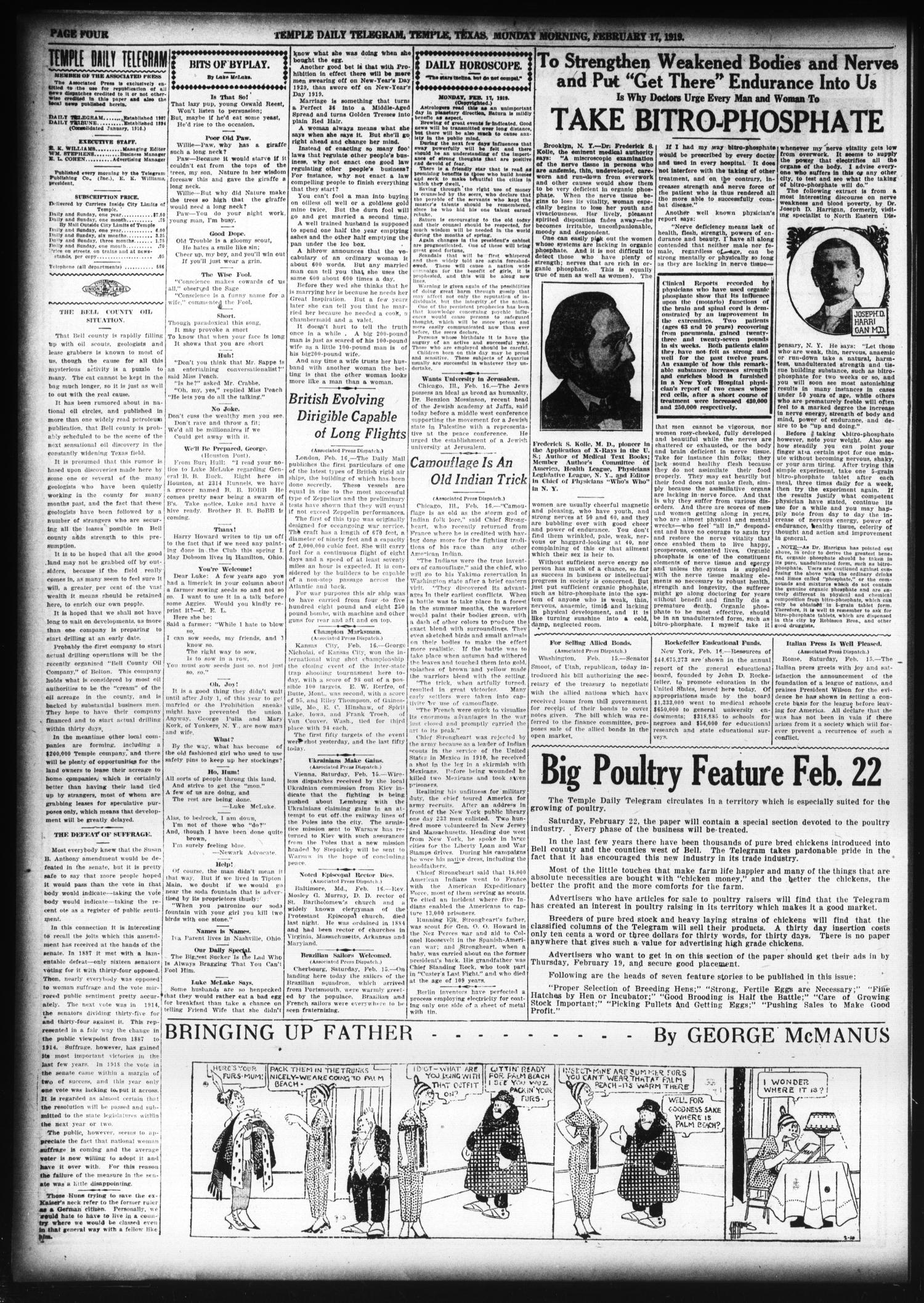 Temple Daily Telegram (Temple, Tex.), Vol. 12, No. 90, Ed. 1 Monday, February 17, 1919
                                                
                                                    [Sequence #]: 4 of 8
                                                