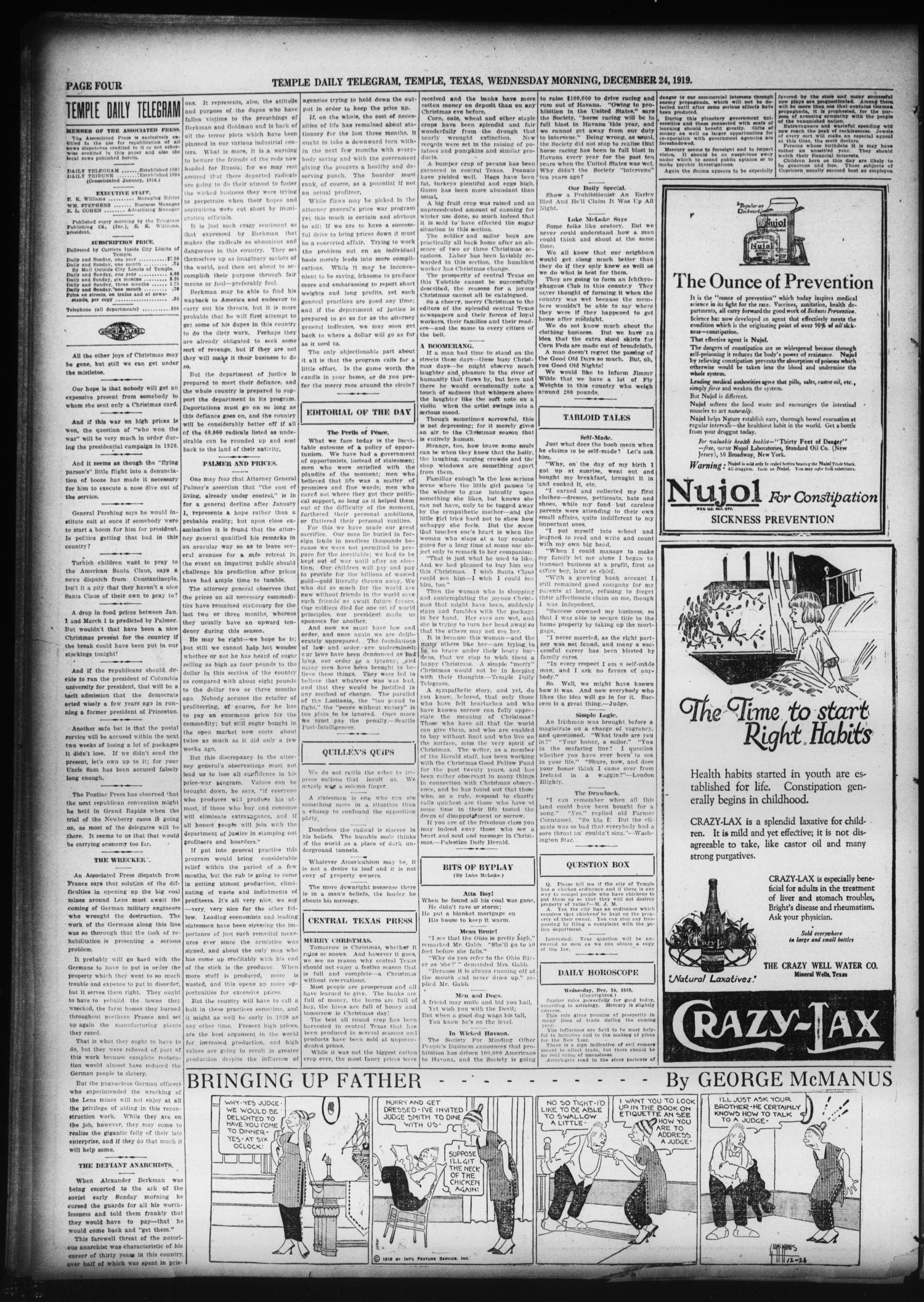 Temple Daily Telegram (Temple, Tex.), Vol. 13, No. 36, Ed. 1 Wednesday, December 24, 1919
                                                
                                                    [Sequence #]: 4 of 12
                                                