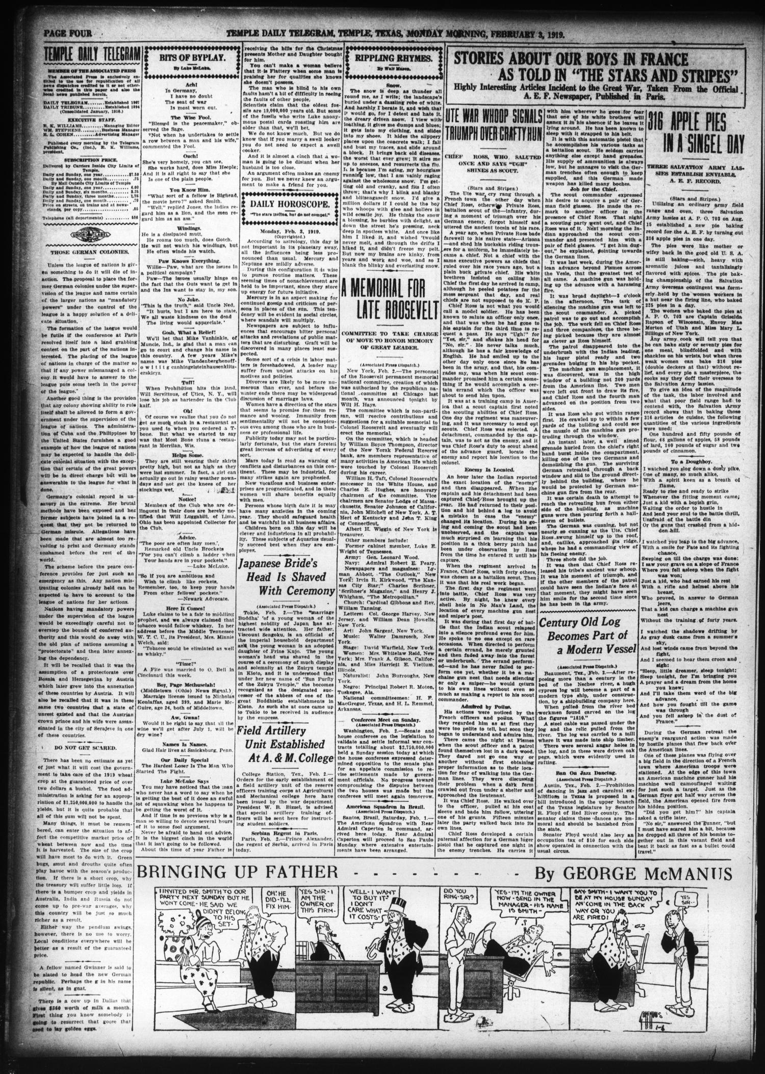 Temple Daily Telegram (Temple, Tex.), Vol. 12, No. 76, Ed. 1 Monday, February 3, 1919
                                                
                                                    [Sequence #]: 4 of 8
                                                