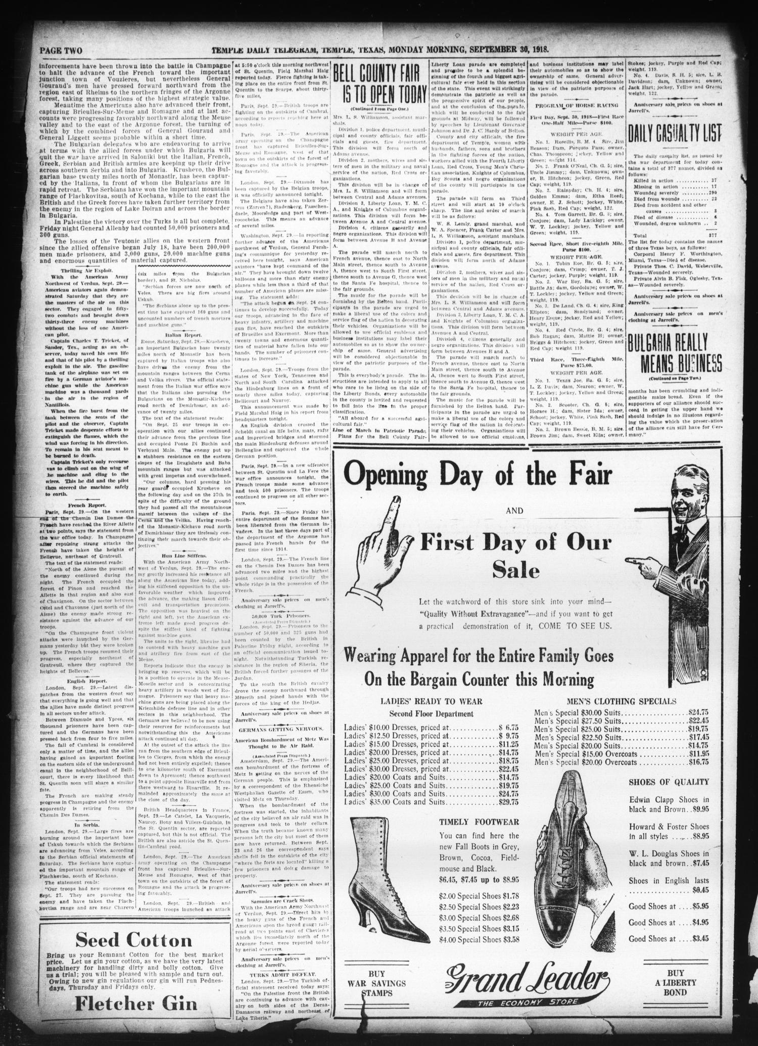 Temple Daily Telegram (Temple, Tex.), Vol. 11, No. 315, Ed. 1 Monday, September 30, 1918
                                                
                                                    [Sequence #]: 2 of 8
                                                