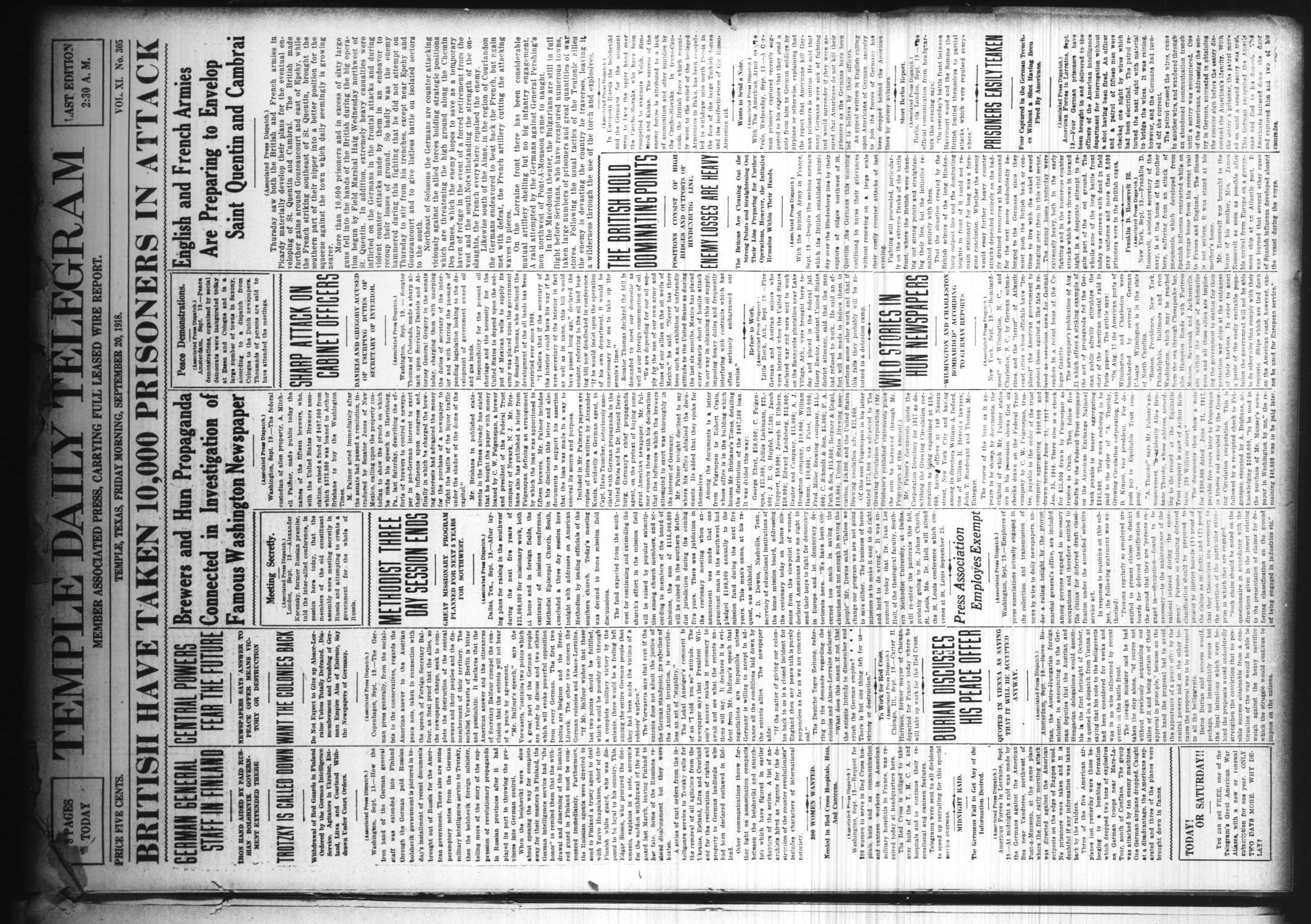 Temple Daily Telegram (Temple, Tex.), Vol. 11, No. 305, Ed. 1 Friday, September 20, 1918
                                                
                                                    [Sequence #]: 1 of 8
                                                