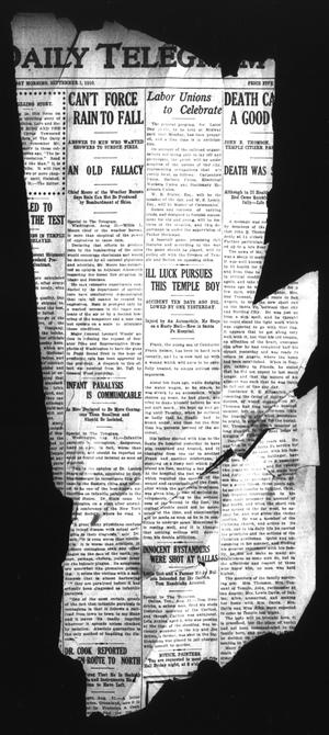 Primary view of object titled 'The Temple Daily Telegram (Temple, Tex.), Vol. 3, No. 245, Ed. 1 Thursday, September 1, 1910'.