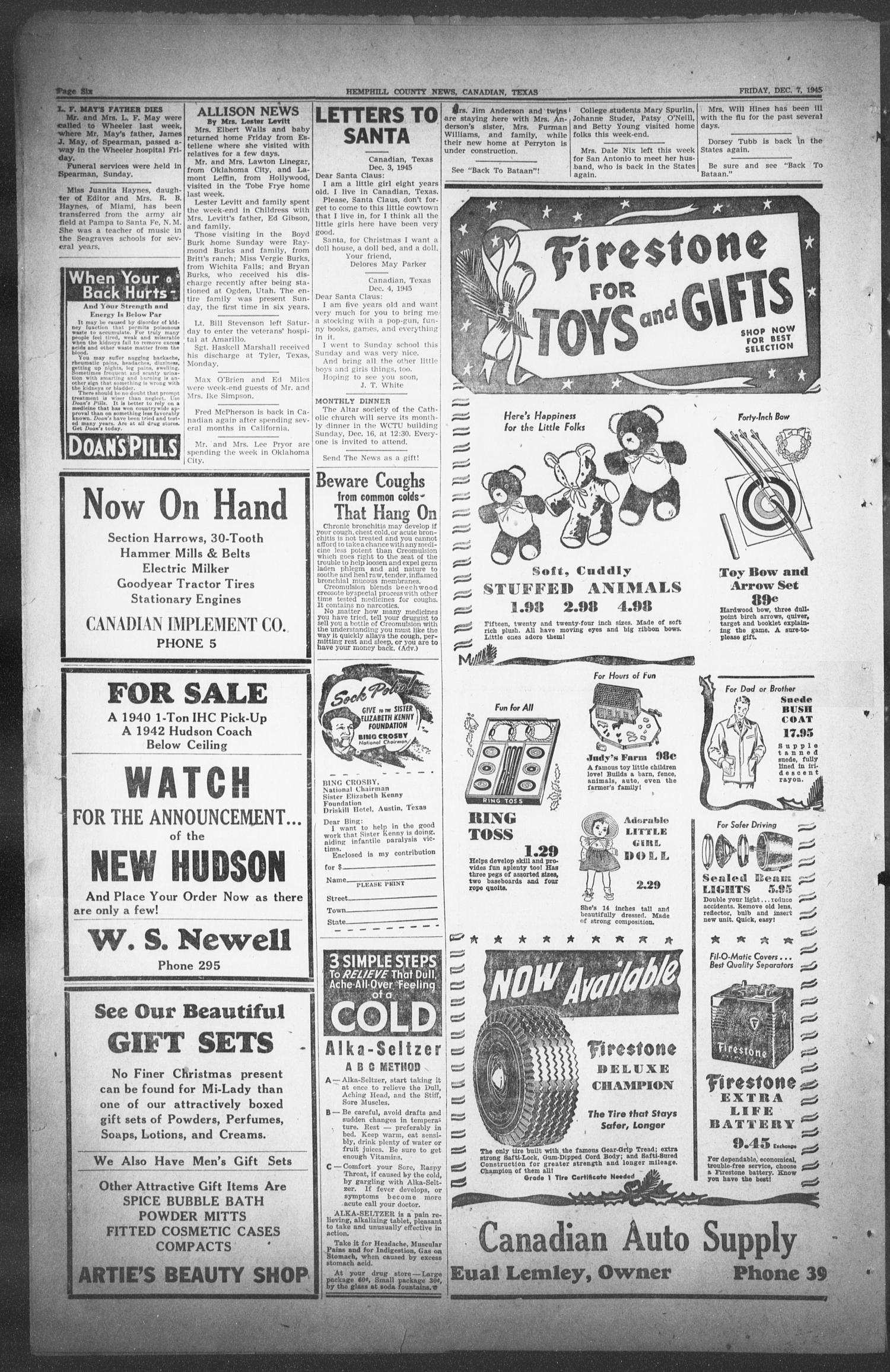 The Hemphill County News (Canadian, Tex), Vol. 8, No. 13, Ed. 1, Friday, December 7, 1945
                                                
                                                    6
                                                