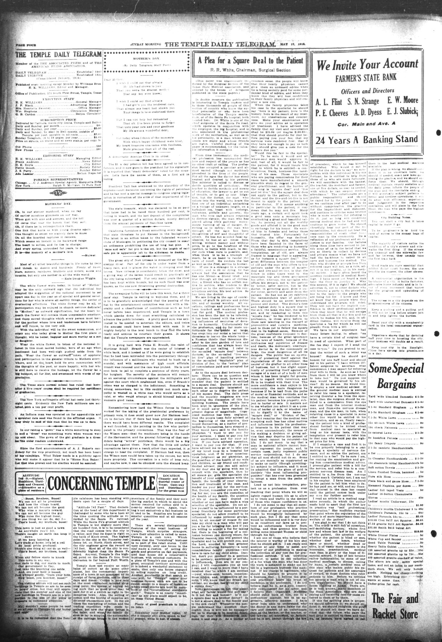 The Temple Daily Telegram (Temple, Tex.), Vol. 5, No. 151, Ed. 1 Sunday, May 12, 1912
                                                
                                                    [Sequence #]: 4 of 16
                                                