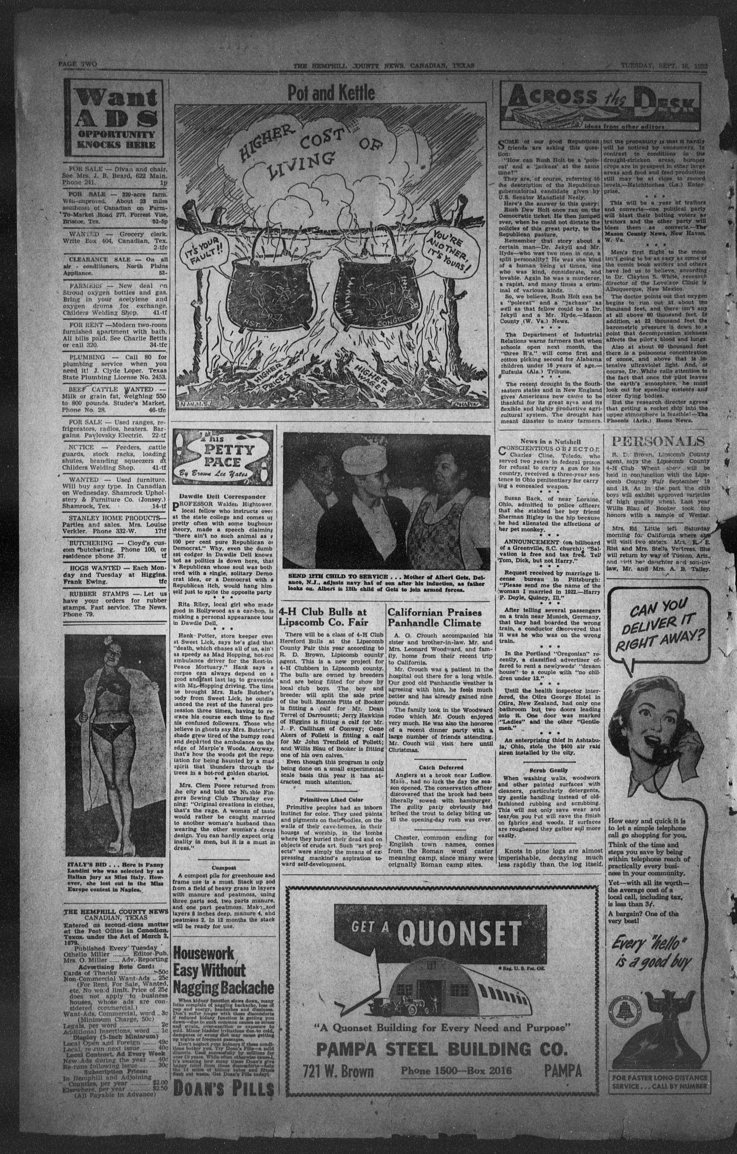 The Hemphill County News (Canadian, Tex), Vol. 15, No. 2, Ed. 1, Tuesday, September 16, 1952
                                                
                                                    2
                                                