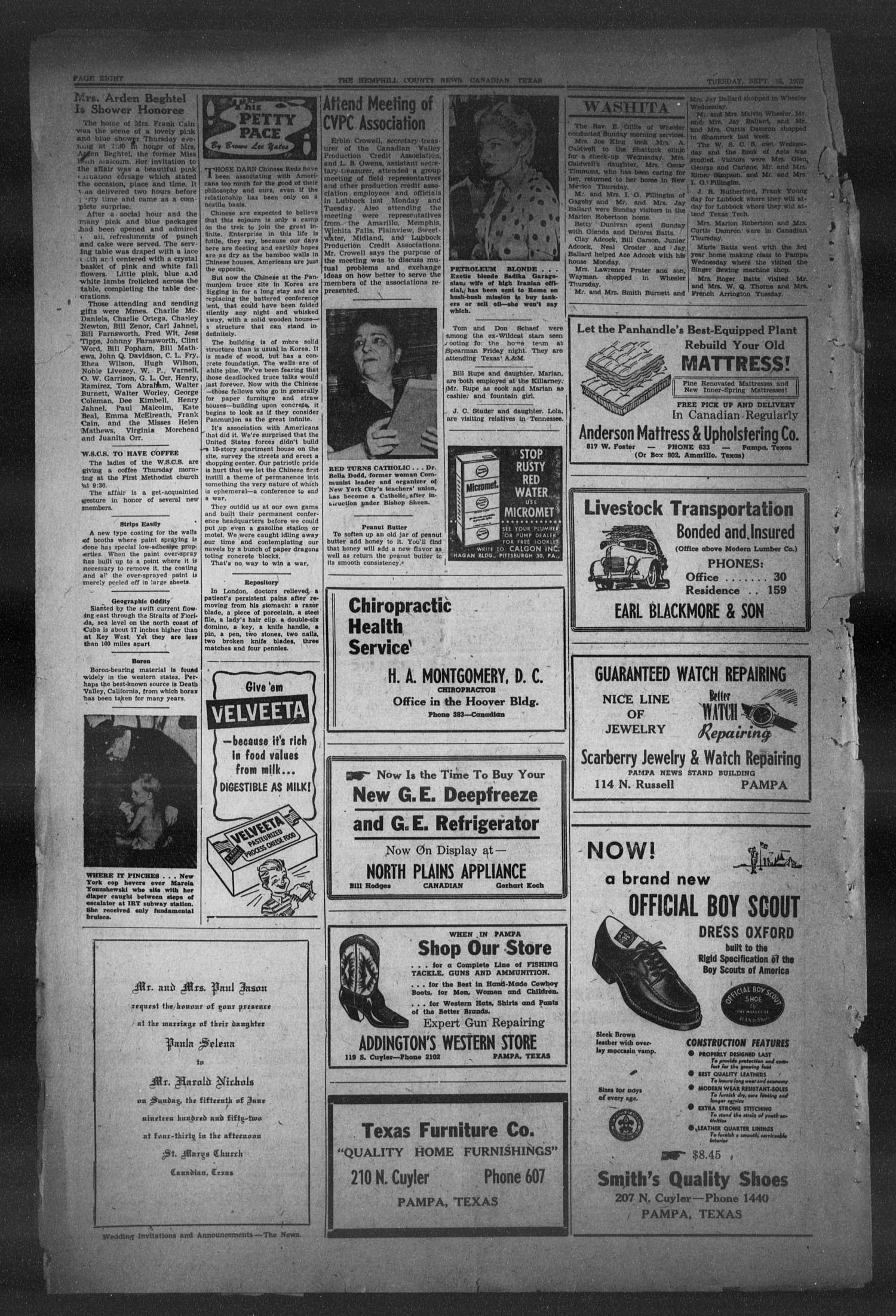 The Hemphill County News (Canadian, Tex), Vol. 15, No. 2, Ed. 1, Tuesday, September 16, 1952
                                                
                                                    8
                                                