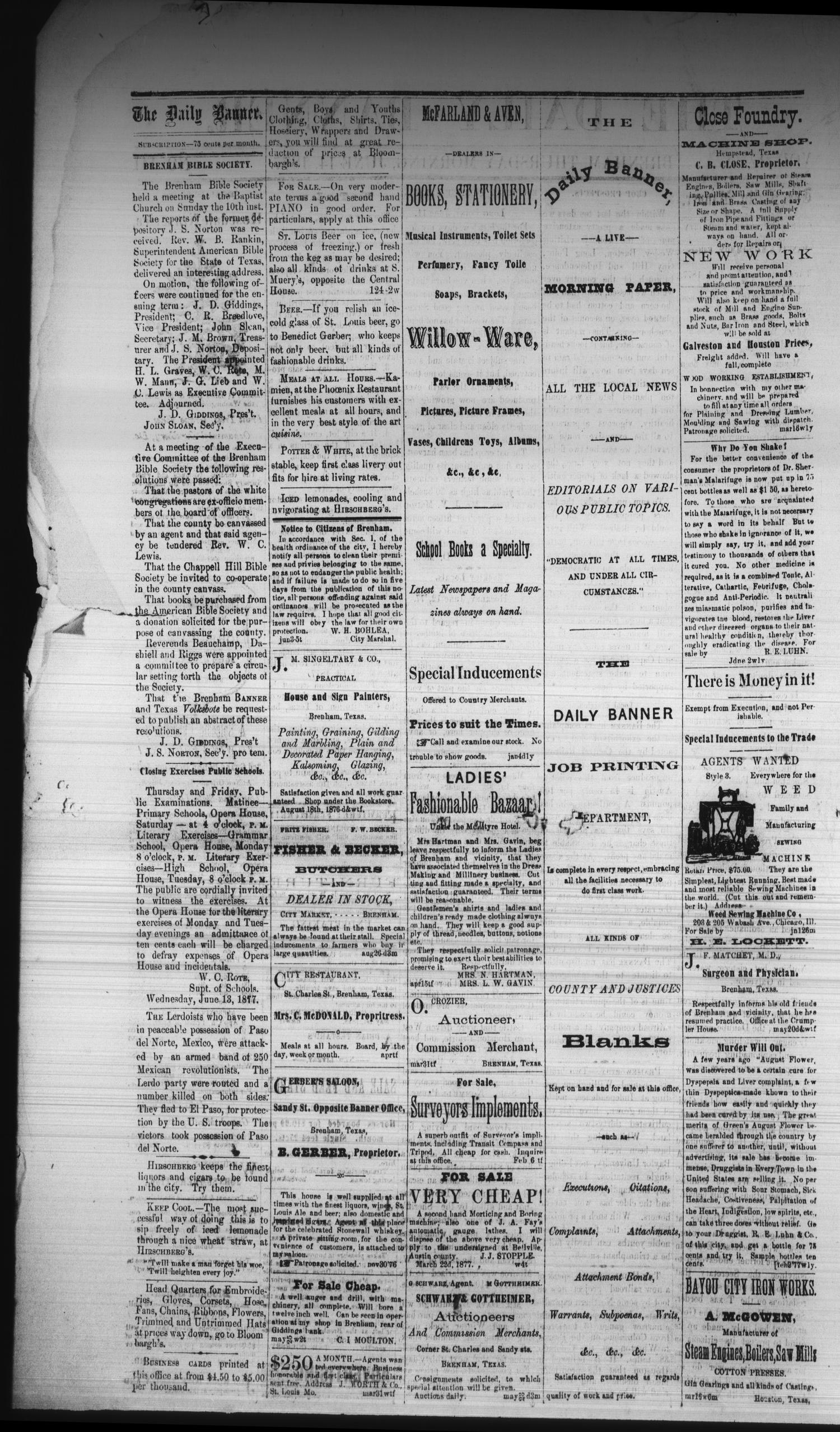 The Daily Banner. (Brenham, Tex.), Vol. 2, No. 141, Ed. 1 Thursday, June 14, 1877
                                                
                                                    [Sequence #]: 2 of 4
                                                