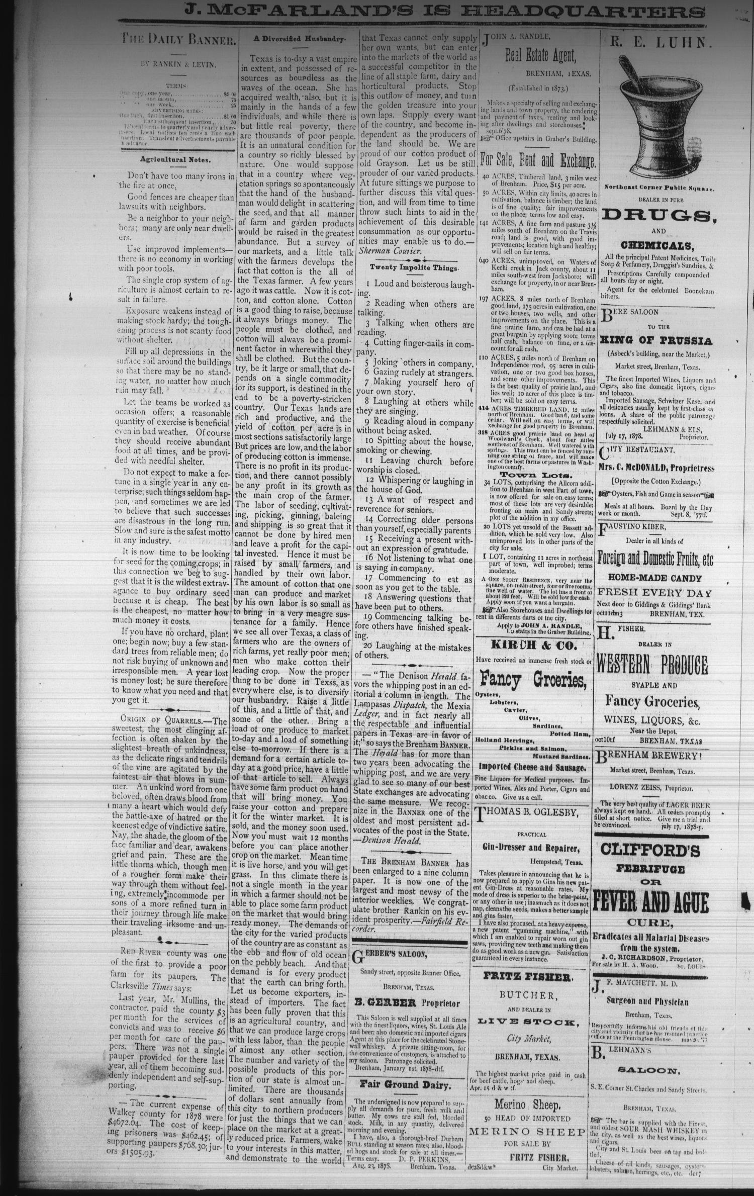 The Daily Banner. (Brenham, Tex.), Vol. 4, No. 22, Ed. 1 Saturday, January 25, 1879
                                                
                                                    [Sequence #]: 2 of 4
                                                