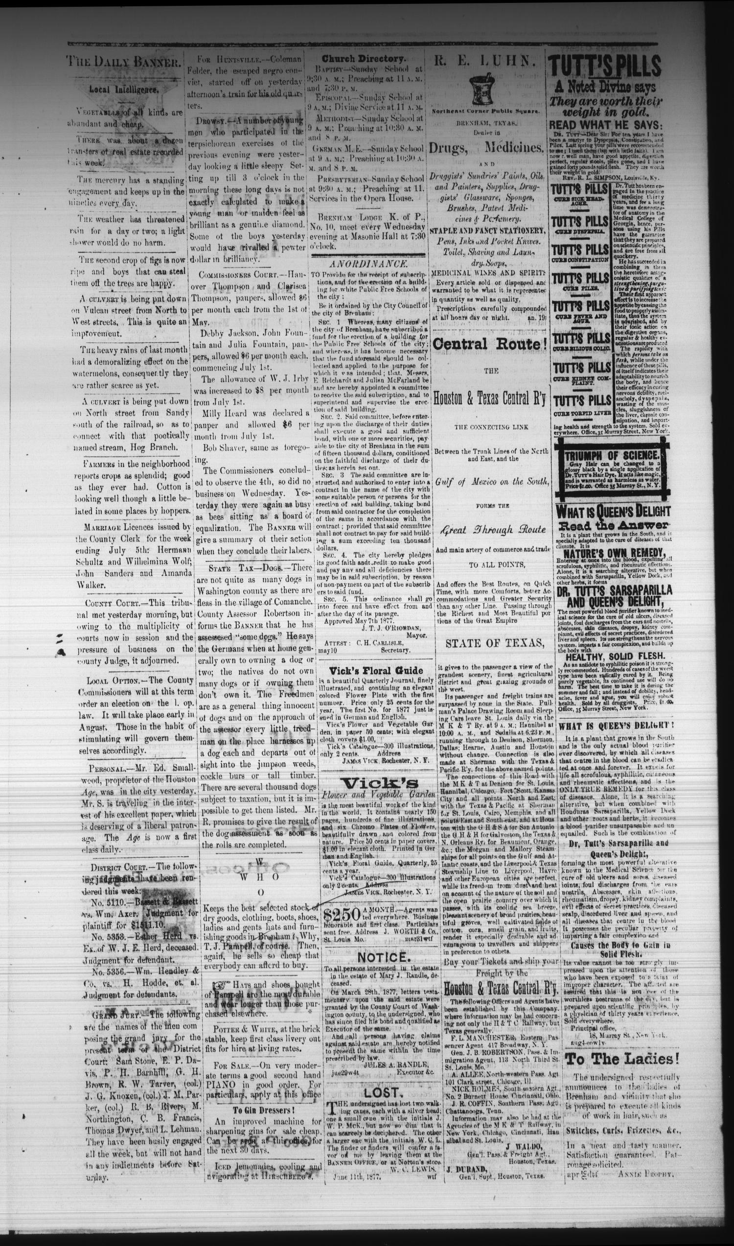 The Daily Banner. (Brenham, Tex.), Vol. 2, No. 160, Ed. 1 Friday, July 6, 1877
                                                
                                                    [Sequence #]: 3 of 4
                                                