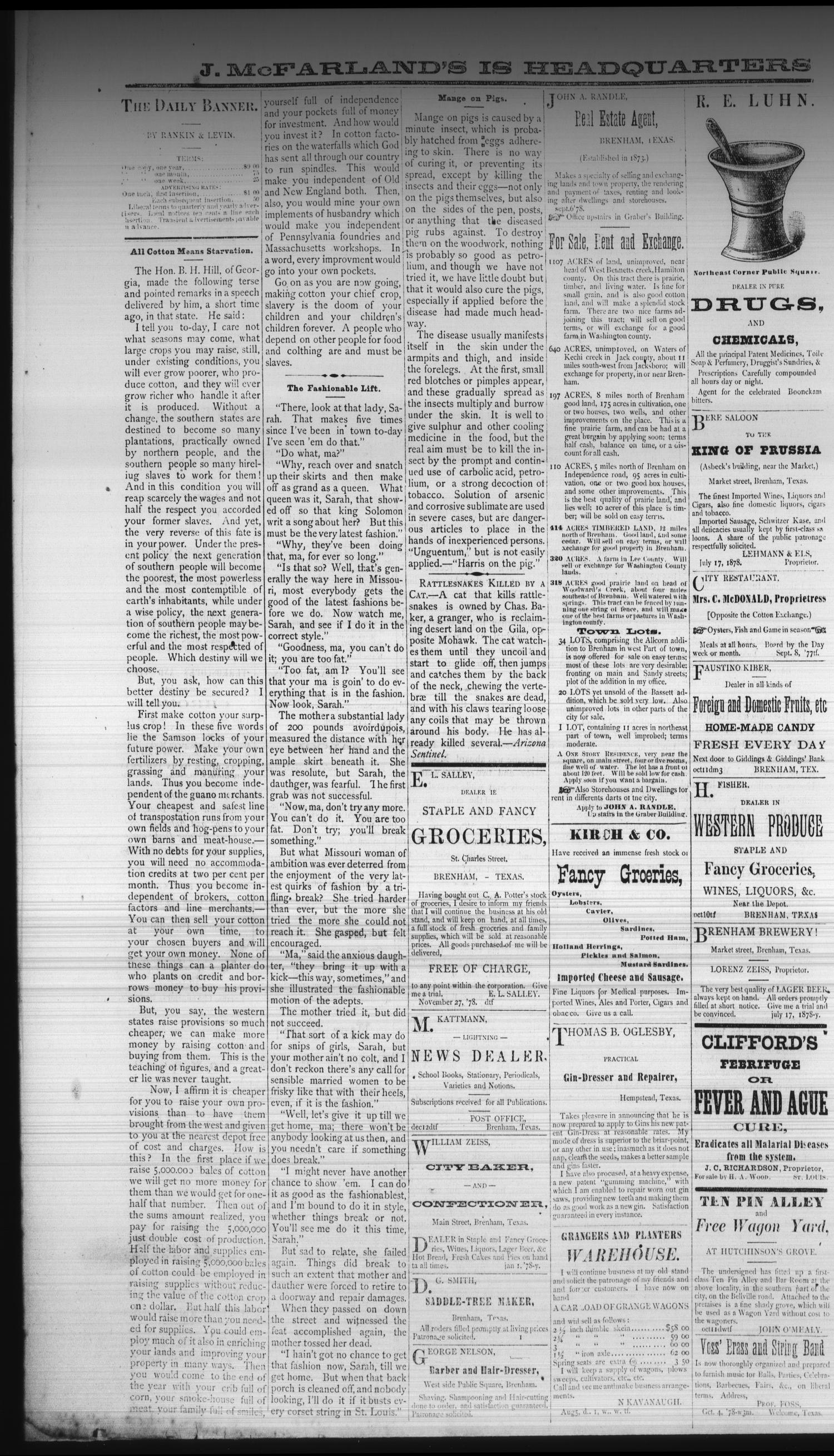The Daily Banner. (Brenham, Tex.), Vol. 4, No. 10, Ed. 1 Saturday, January 11, 1879
                                                
                                                    [Sequence #]: 2 of 4
                                                