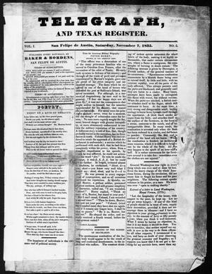Primary view of Telegraph and Texas Register (San Felipe de Austin [i.e. San Felipe], Tex.), Vol. 1, No. 5, Ed. 1, Saturday, November 7, 1835