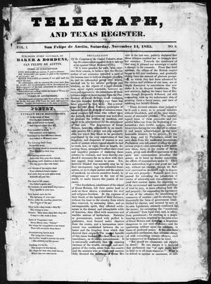 Primary view of object titled 'Telegraph and Texas Register (San Felipe de Austin [i.e. San Felipe], Tex.), Vol. 1, No. 6, Ed. 1, Saturday, November 14, 1835'.