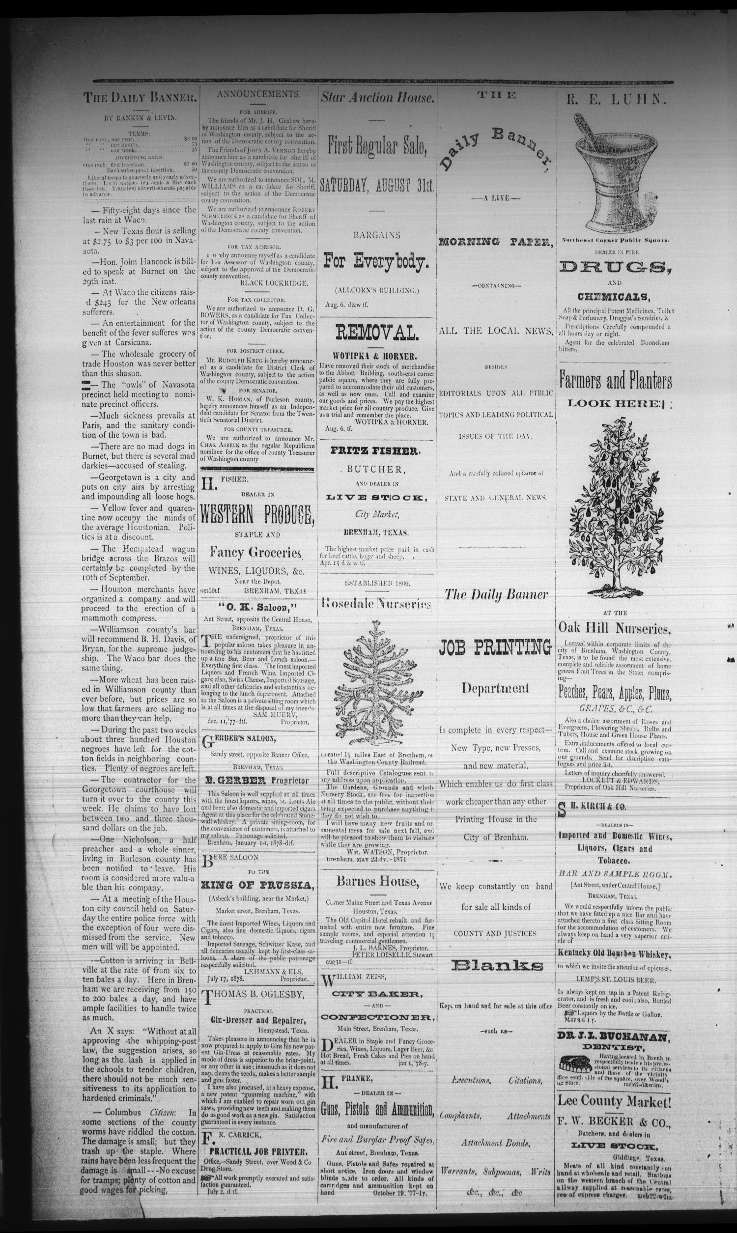 The Daily Banner. (Brenham, Tex.), Vol. 3, No. 205, Ed. 1 Tuesday, August 27, 1878
                                                
                                                    [Sequence #]: 2 of 4
                                                