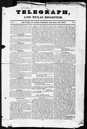 Primary view of Telegraph and Texas Register (San Felipe de Austin [i.e. San Felipe], Tex.), Vol. 1, No. 9, Ed. 1, Saturday, December 12, 1835