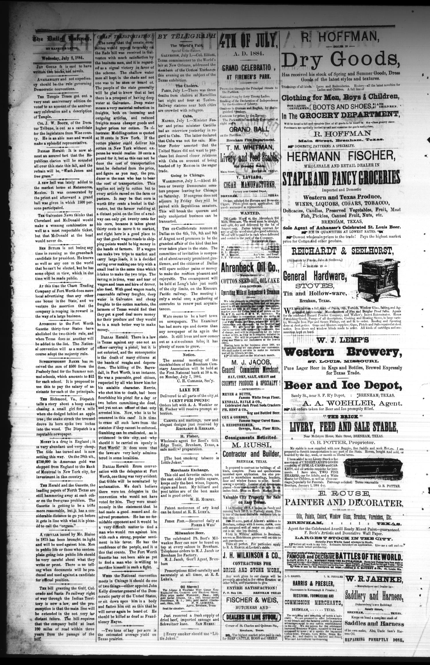 Brenham Daily Banner. (Brenham, Tex.), Vol. 9, No. 169, Ed. 1 Wednesday, July 2, 1884
                                                
                                                    [Sequence #]: 2 of 4
                                                