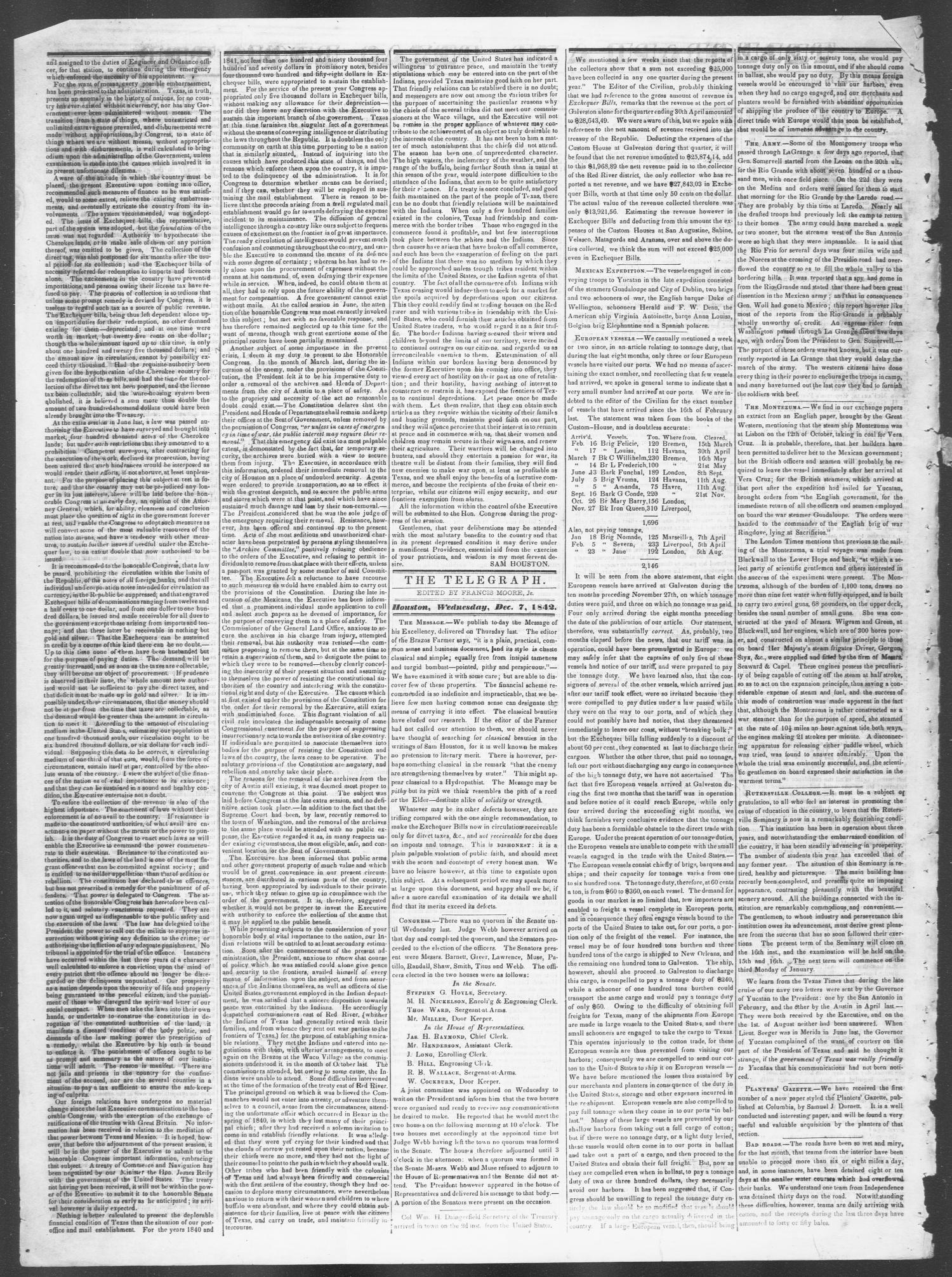 Telegraph and Texas Register (Houston, Tex.), Vol. 7, No. 51, Ed. 1, Wednesday, December 7, 1842
                                                
                                                    [Sequence #]: 2 of 4
                                                